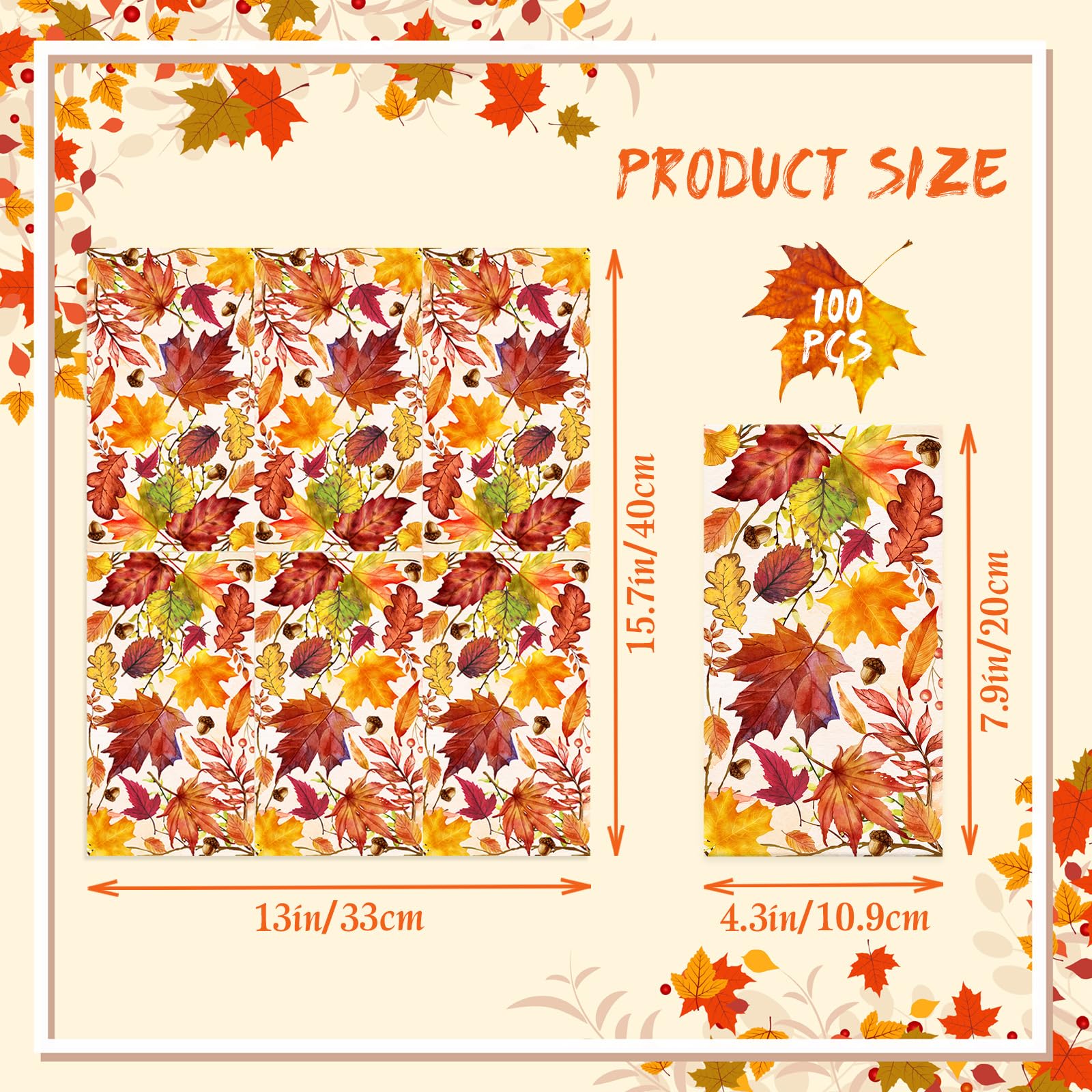 100 Count Fall Napkins, Maple Leaves Bathroom Disposable Hand Paper Towels, Thanksgiving Guest Napkins for Autumn Decor, Dinner