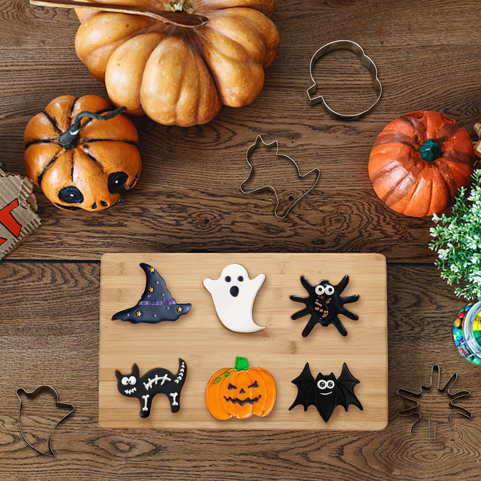 Fusoto Halloween Cookie Cutters, 6 Pcs Holiday Cookie Cutters Halloween Shapes - Spider, Pumpkin, Bat, Cat, Ghost, Witch Hat For