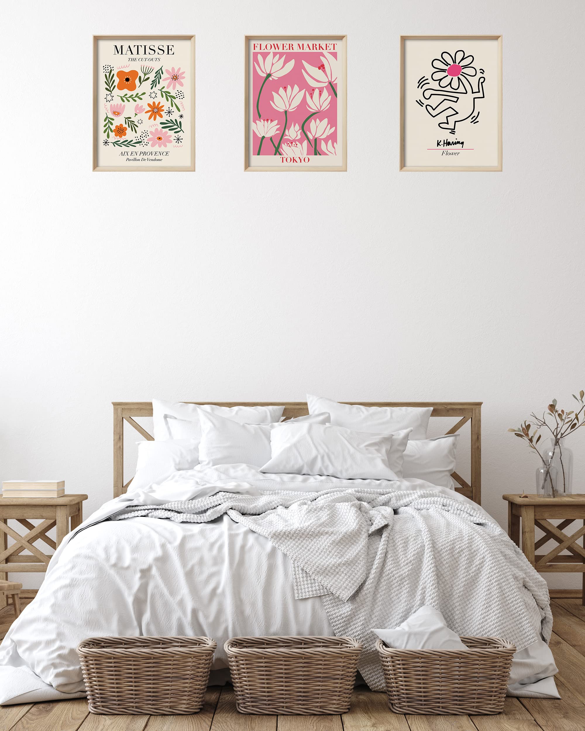 UPWOIGH Framed Wall Art(No Plexiglass)  Abstract Henri Matisse Canvas Wall Art  12X16in Pink TOKYO Flower Market Wall Decor  Wood Minimalist Wall Art for Living Room Set of 3
