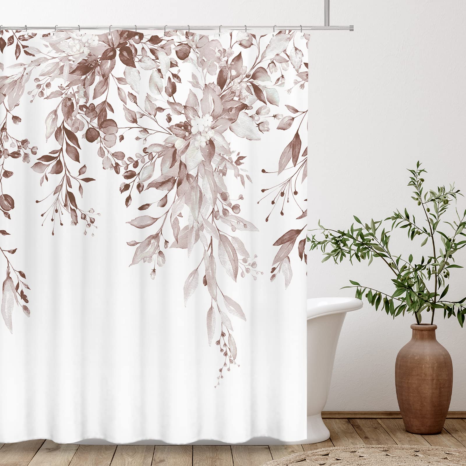 Tititex Rosy Brown Eucalyptus Shower Curtain Sets, Watercolor Leaves On The Top Plant With Floral Bathroom Decoration 60X72 Inch