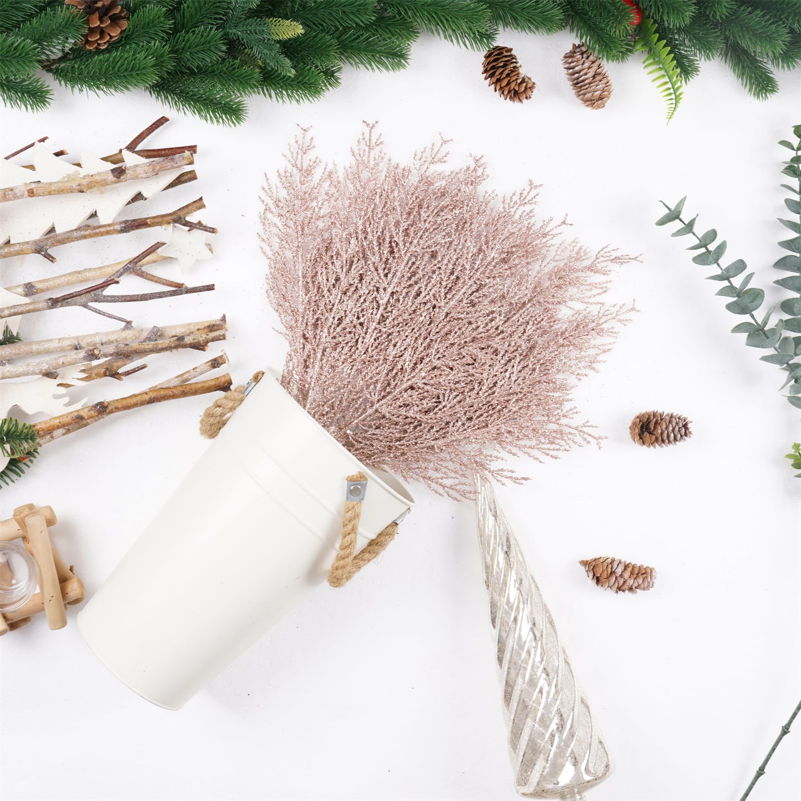 Christmas Glitter Twig 24pcs Artificial Pine Tree Picks for Christmas Tree Ornaments fillers, DIY Xmas Wreath, Crafts, Garland,