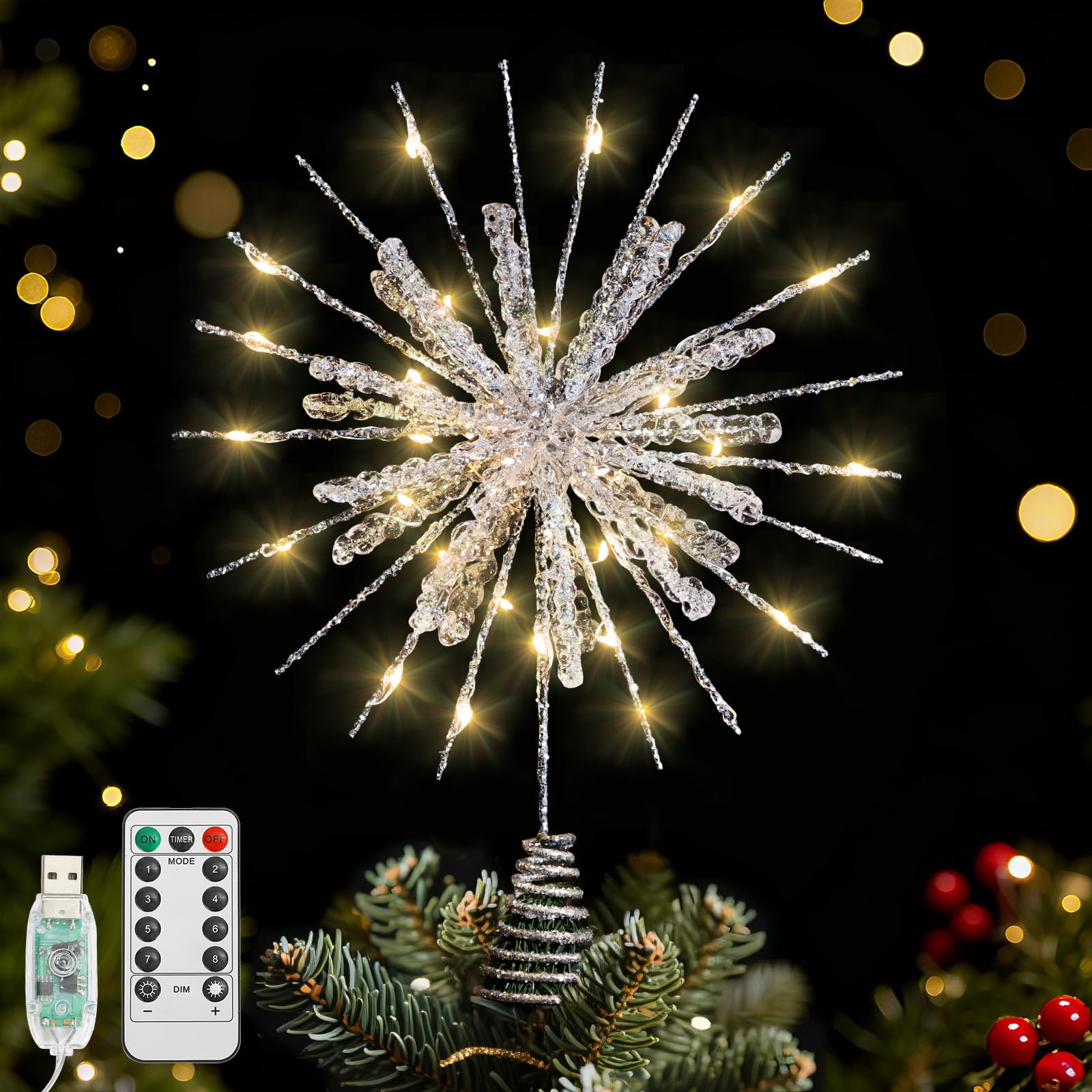 Lewondr Christmas Snowflake Tree Topper, 12.2in Xmas Tree Topper with Glittered Epoxy & 30 LED Bulbs, Remote&USB Powered Snowfla