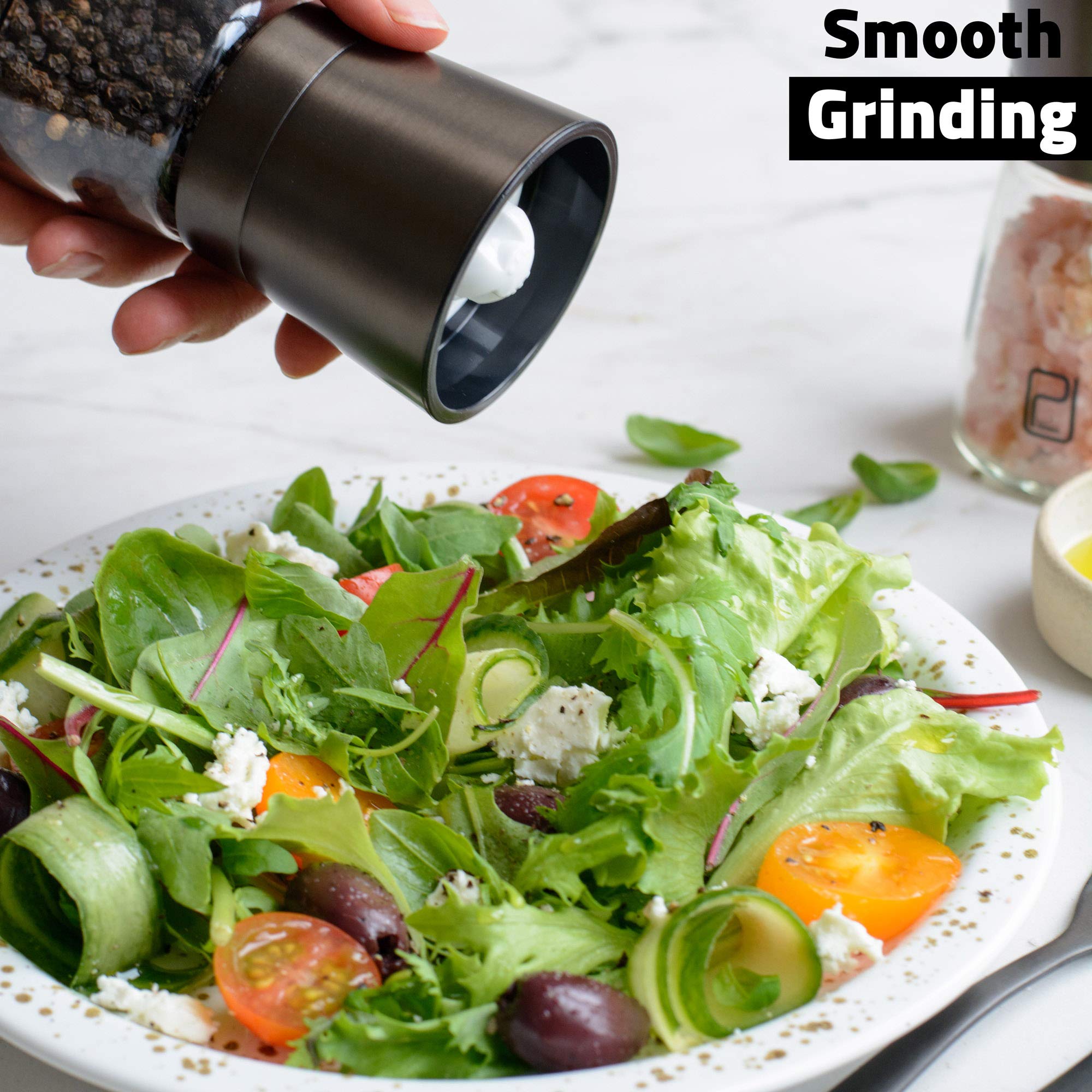 Premium Black Stainless Steel Salt And Pepper Grinder Set With Stand In Bamboo Wood - Gunmetal Salt And Pepper Shakers With Adju
