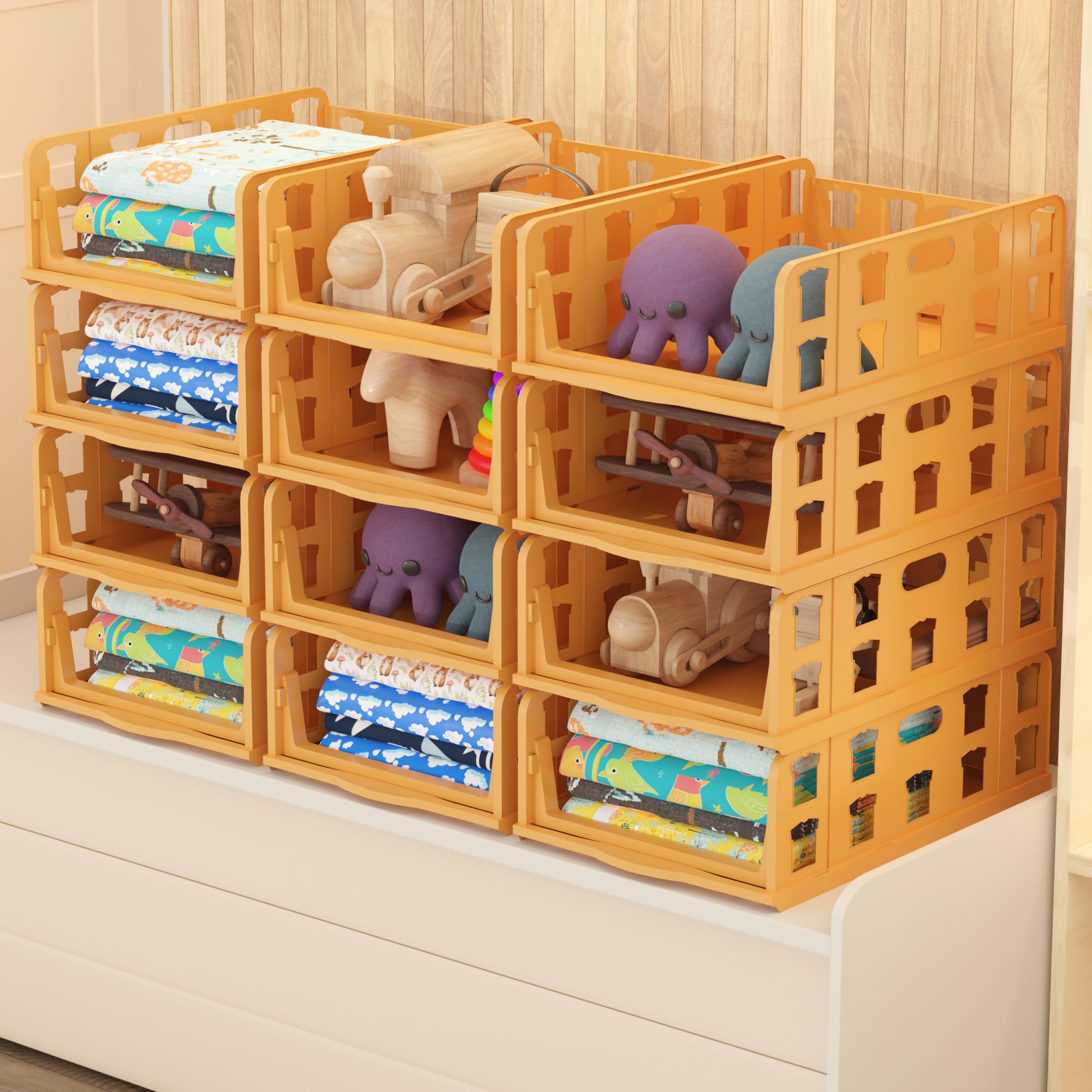 Kuber Industries 12 Pcs Foldable Kids Wardrobe Organizer For Clothes Storage | Stackable Slide Out Baby Dress Organiser For Ward