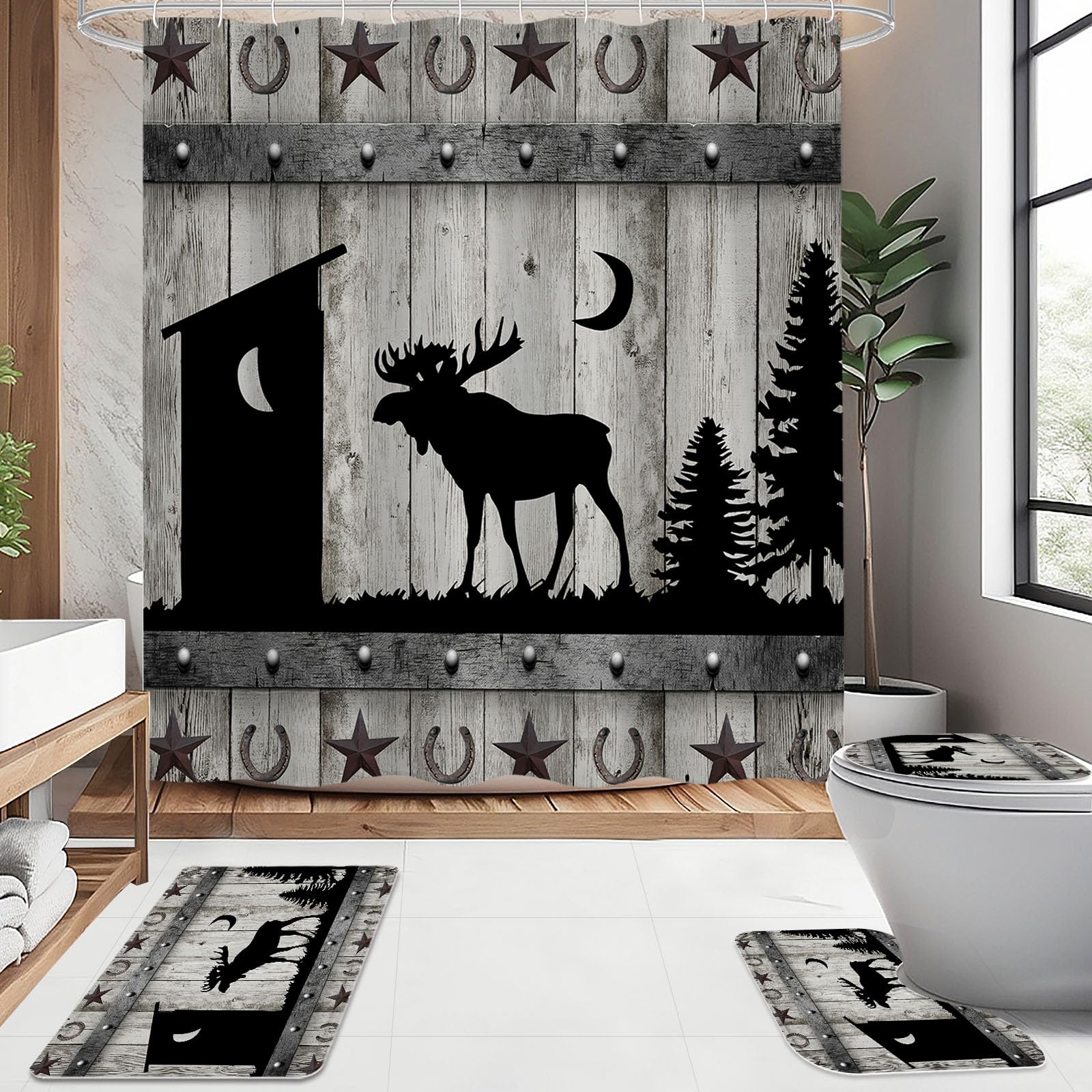 Litabel 4 Pcs Forest Deer Shower Curtain Set With Non-Slip Rugs, Toilet Lid Cover And Bath Mat, Wooden Bathroom Decor Set With S