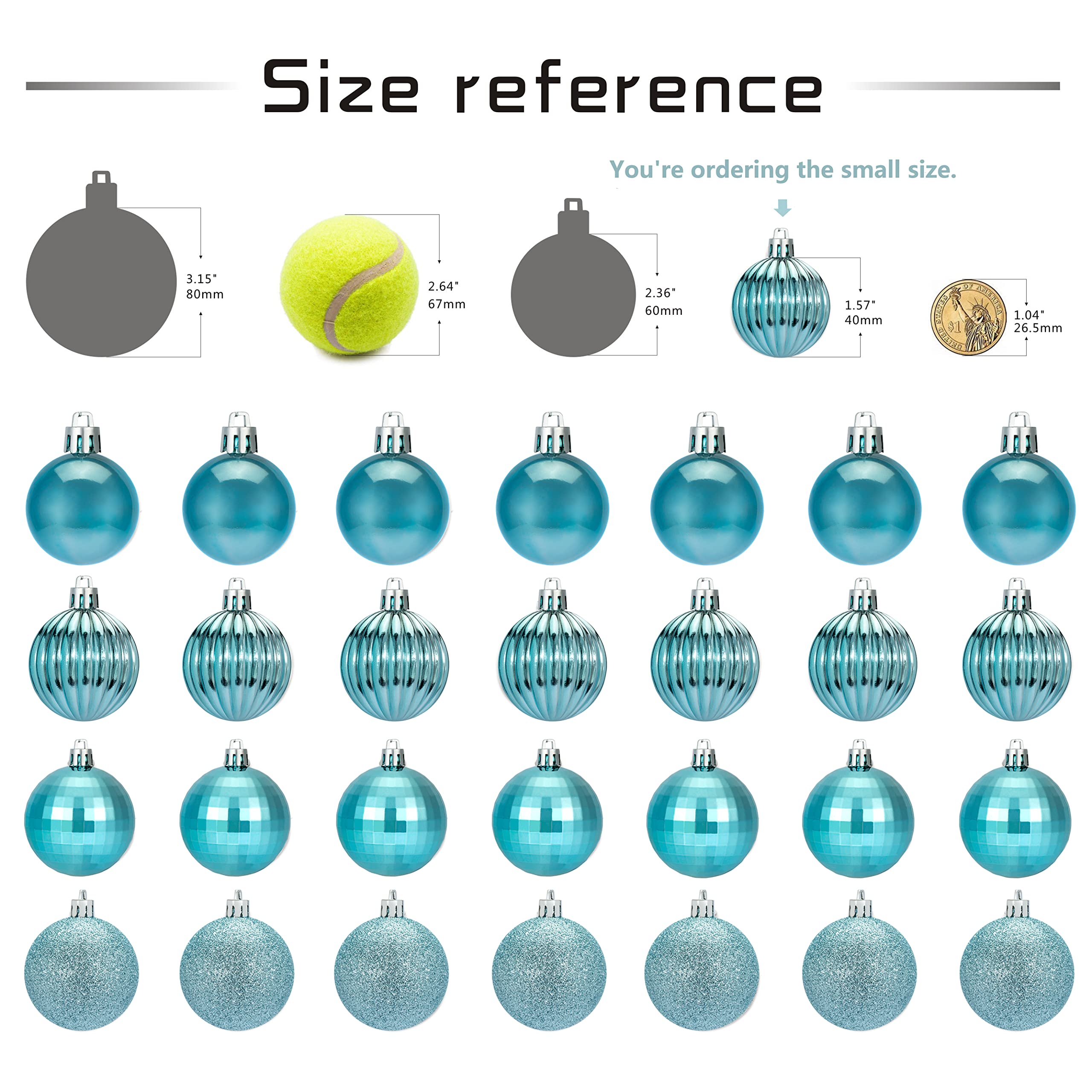 AUXO-FUN Small Size 28ct shatterproof Christmas Ball Ornaments in 4 Classic finishes for Christmas Tree Decoration (Light Blue,