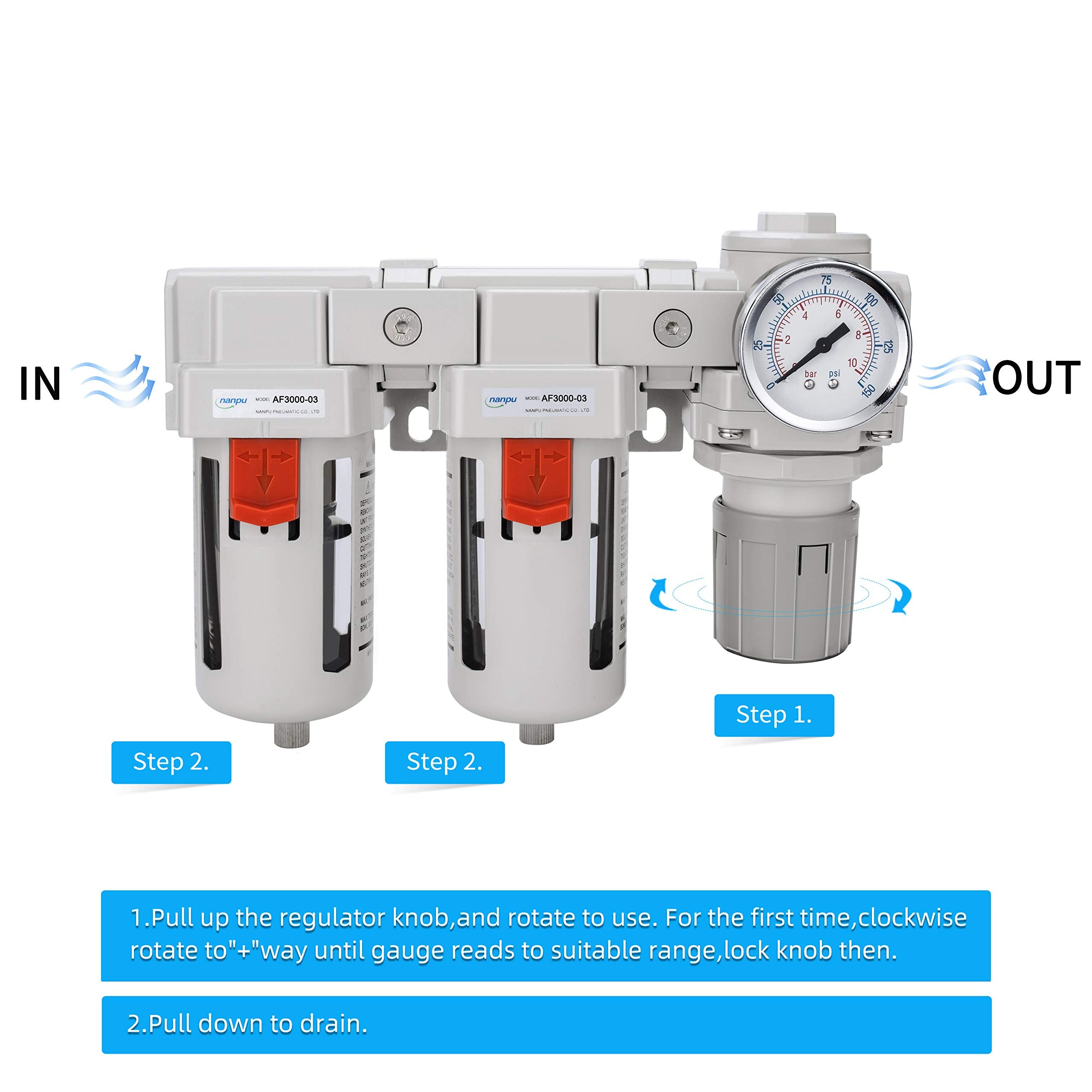 Nanpu Dfr-03 38 Npt Air Drying System - Double Air Filters, Air Pressure Regulator Combo - Semi-Auto Drain, Poly Bowl