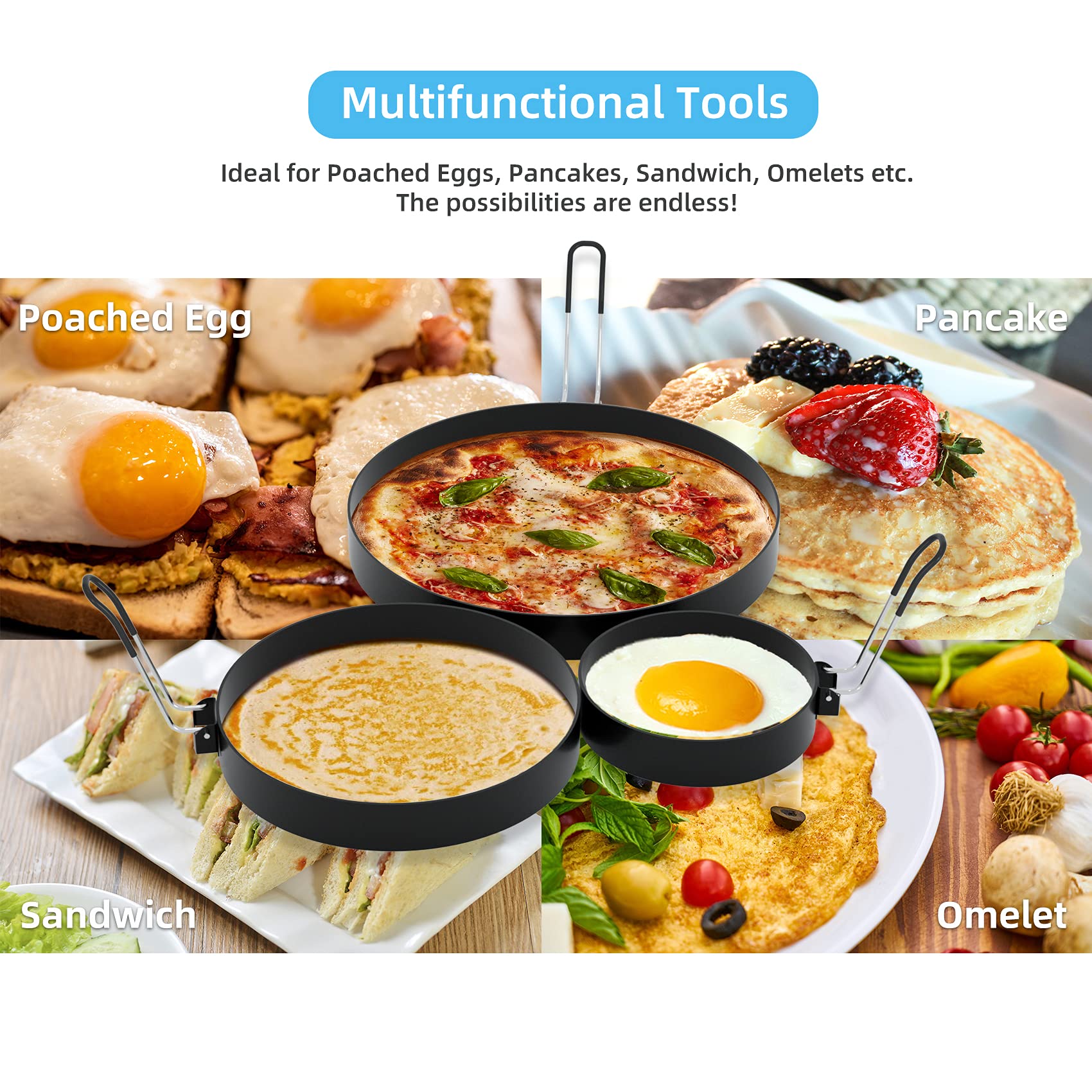 Ameupin 8'' Omelet Ring, 6'' Pancake Ring, 3.5'' Egg Ring For Griddle Frying Eggs (Upgrade Large 3 Pack Stainless Steel Non Stic