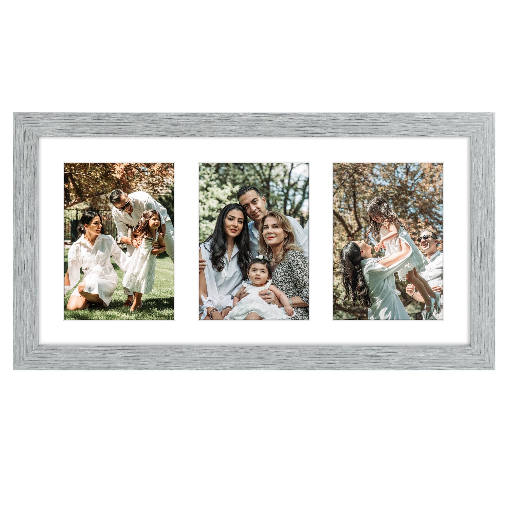 Golden State Art, 9x18 Grey Wood Frame - White Mat for Three 5x7 Pictures - Sawtooth Hangers - Swivel Tabs - Wall Mounting - Lan
