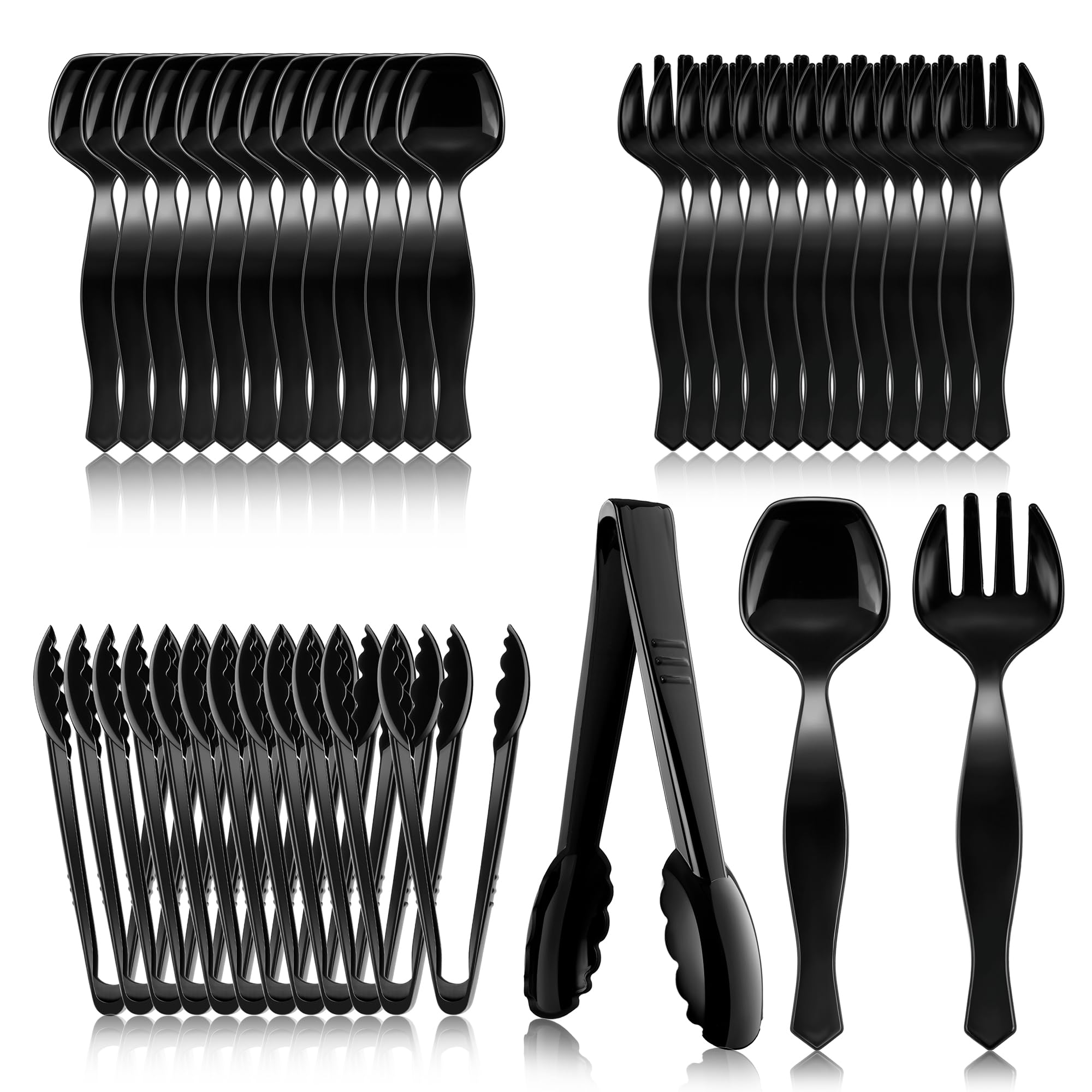 Mwellewm 36Pcs Plastic Serving Utensils Set Large Disposable Serving Spoons Forks Tongs for Serving Food 8.5 Heavy Duty Black 