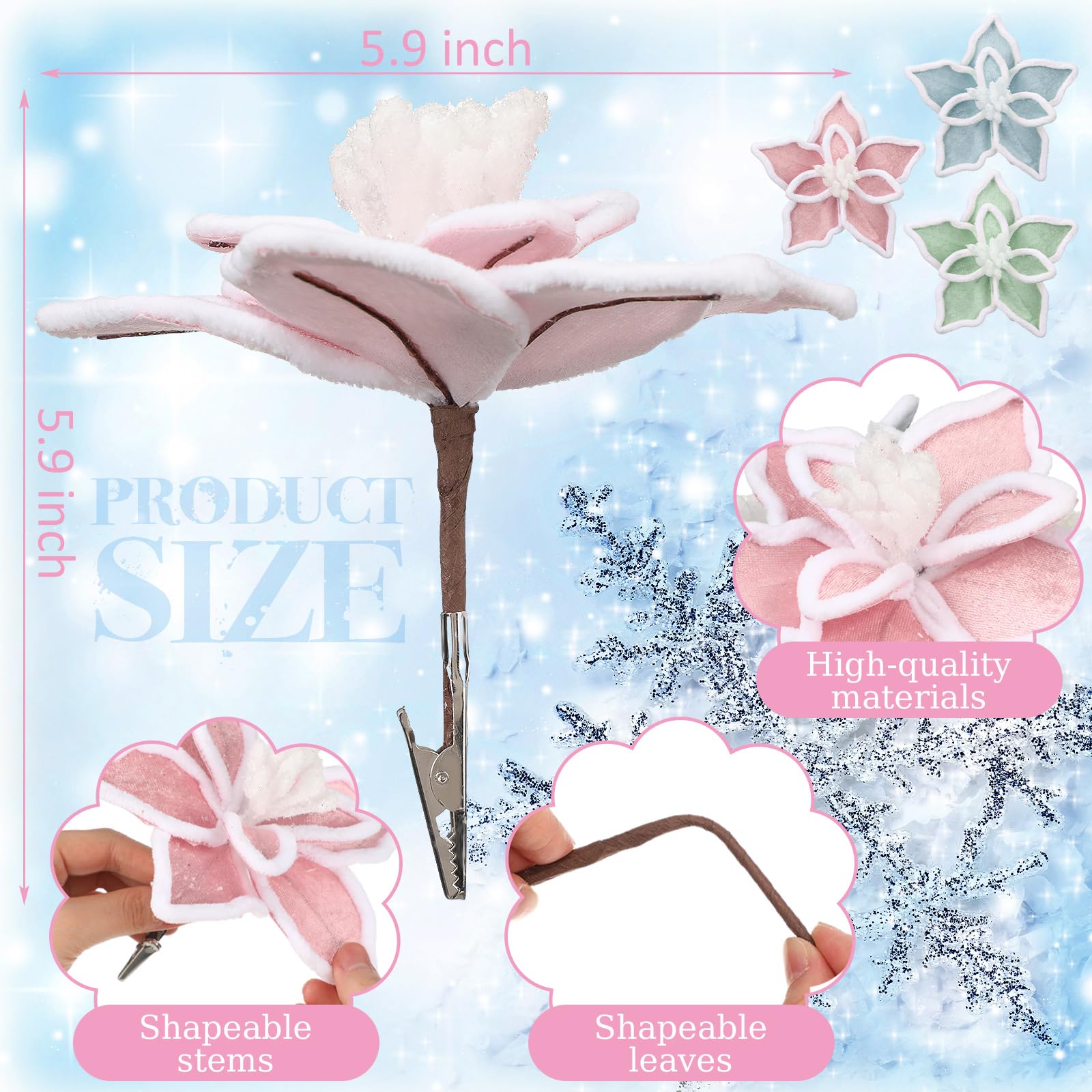 Bucherry 12 Pcs Candyland Christmas Tree Decorations, 6 Inch Silk Pastel Poinsettia Artificial Flowers with Clips Colorful Candy