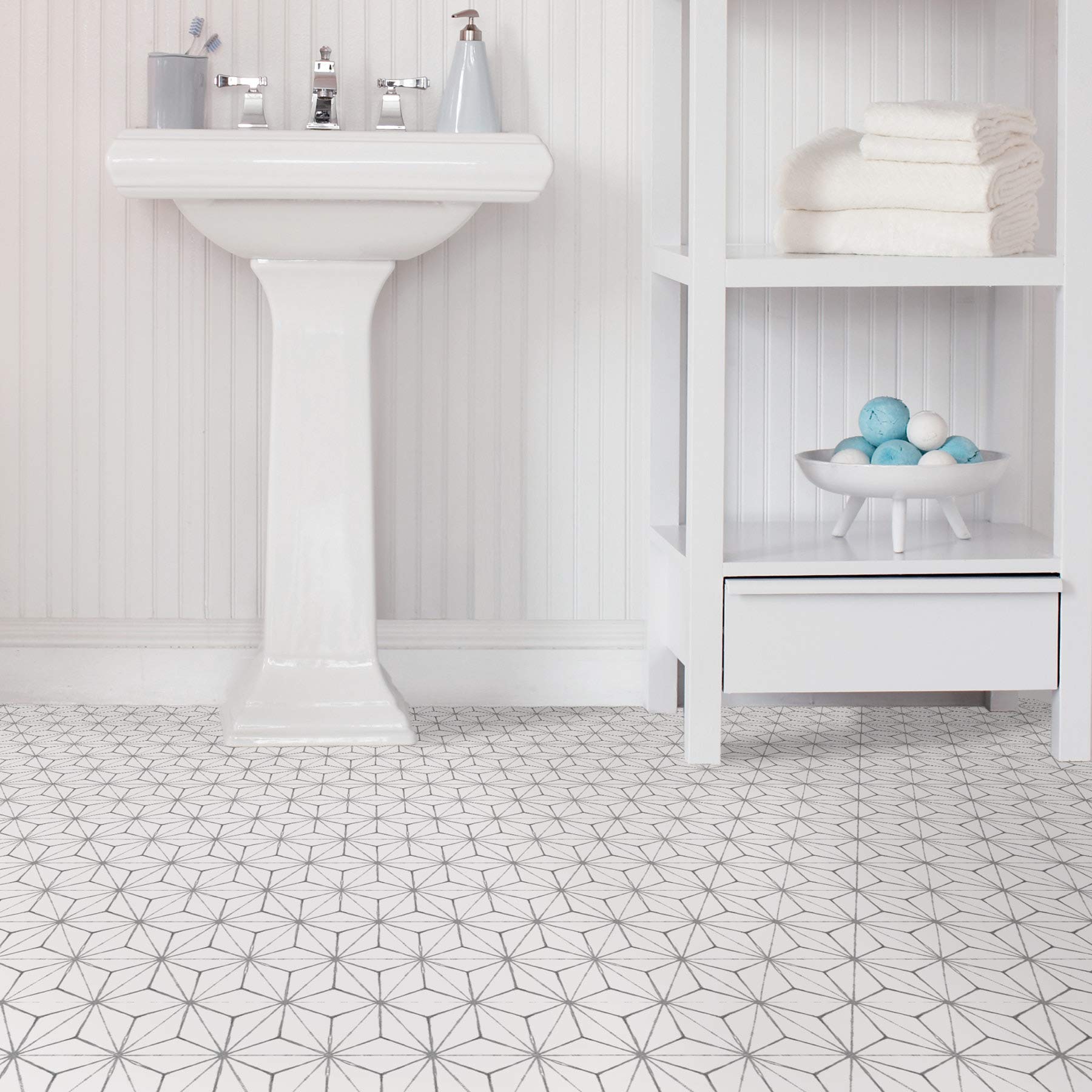 FloorPops Kikko Peel and Stick Floor Tiles, Vinyl, 60"L x 24"W, White/Off-White, Model FP2481