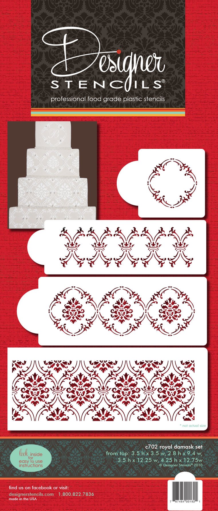 Designer Stencils C702 Royal Damask Cake Stencil Set, Beige/Semi-Transparent 3.5 X 3.5, 2.8 X 9.4, 3.5 X 12.25, 4.2 X 12.75