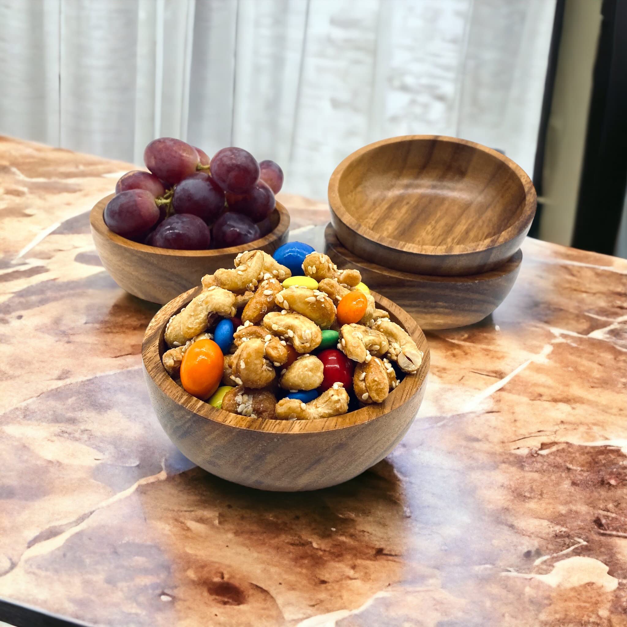 Wrightmart Round Wooden Bowls, Set Of 4, Handmade From Acacia Wood, Decorative, Small Bowls For Serving Food, Charcuterie, Condi