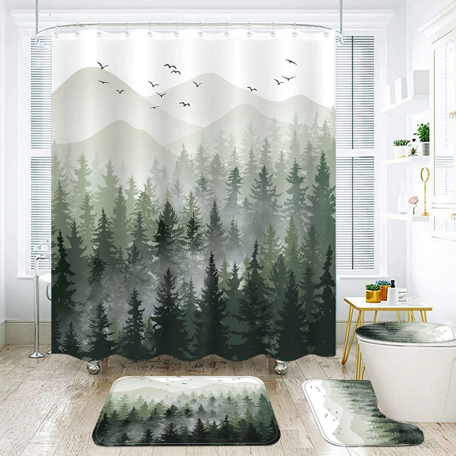 Fungarth 4 Pcs Green Misty Forest Shower Curtain Set With Rug Nature Mountain Bathroom Sets With Waterproof Fabric Shower Curtai