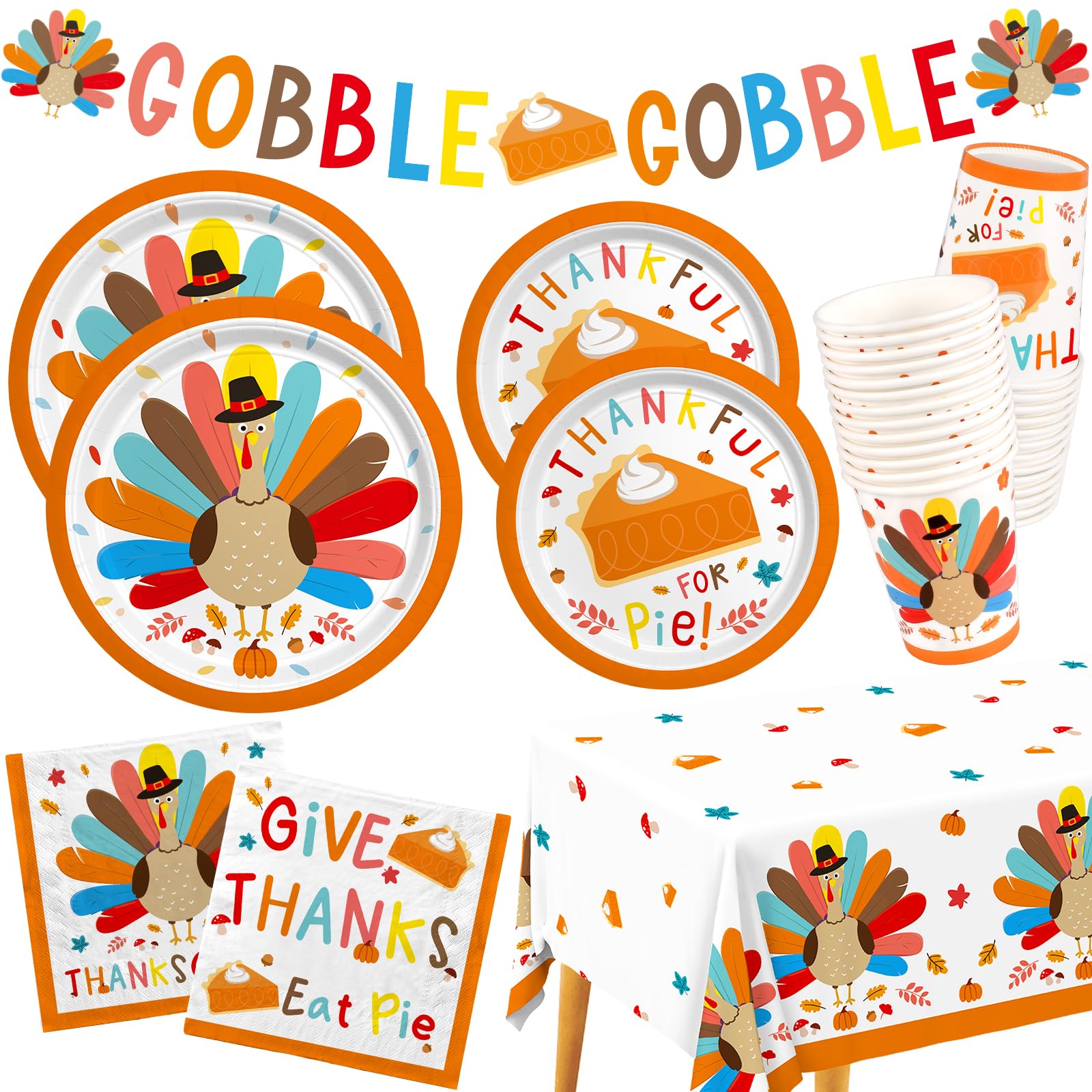 Turkey Thanksgiving Party Supplies Kit - Includes Autumn-Themed Disposable Dinnerware: Dinner & Dessert Plates, Napkins, Cups, B