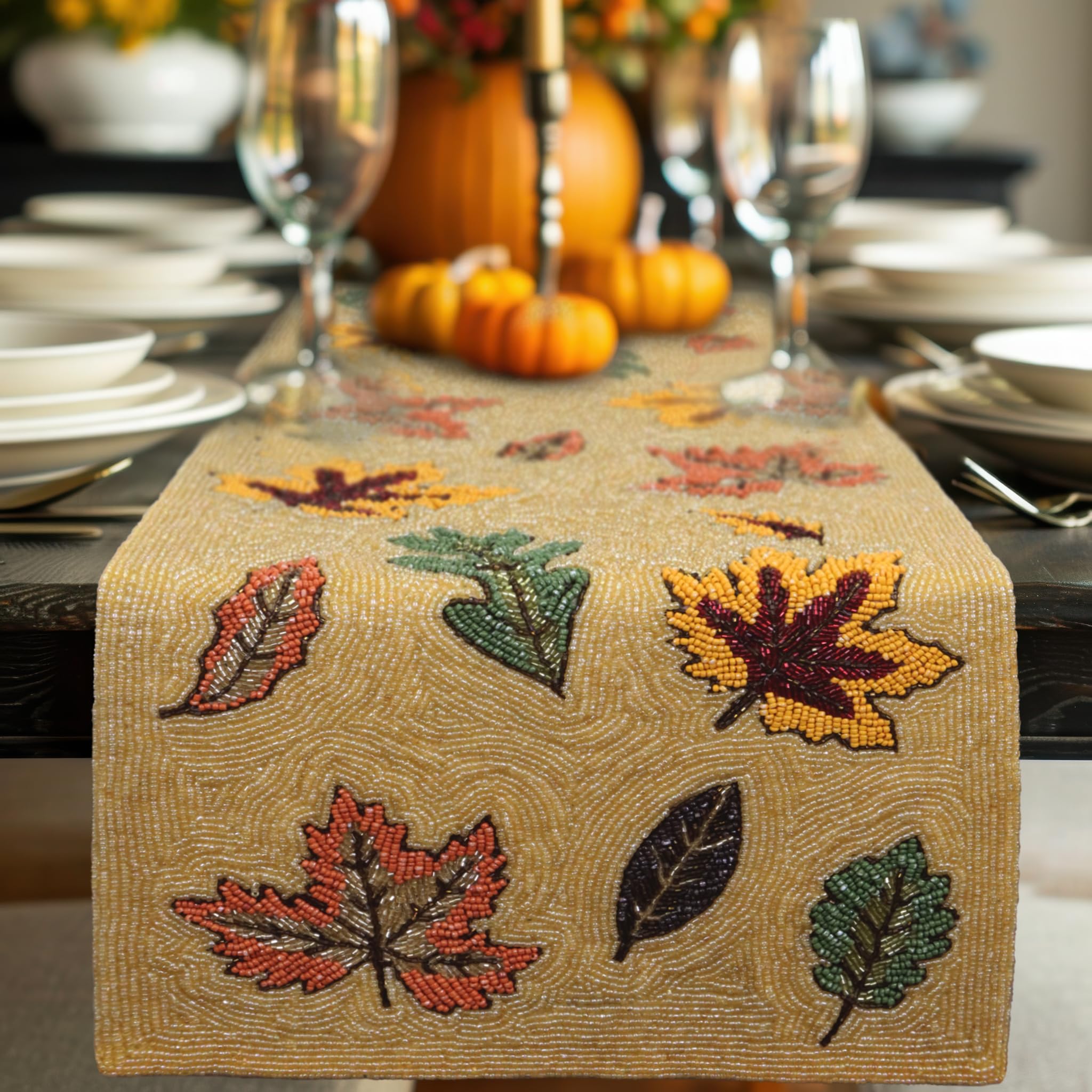 COTTON CRAFT Harvest Beaded Table Runner - Scattered Leaves Handmade Fall Tablerunner - Thanksgiving Autumn Foliage Christmas Ce