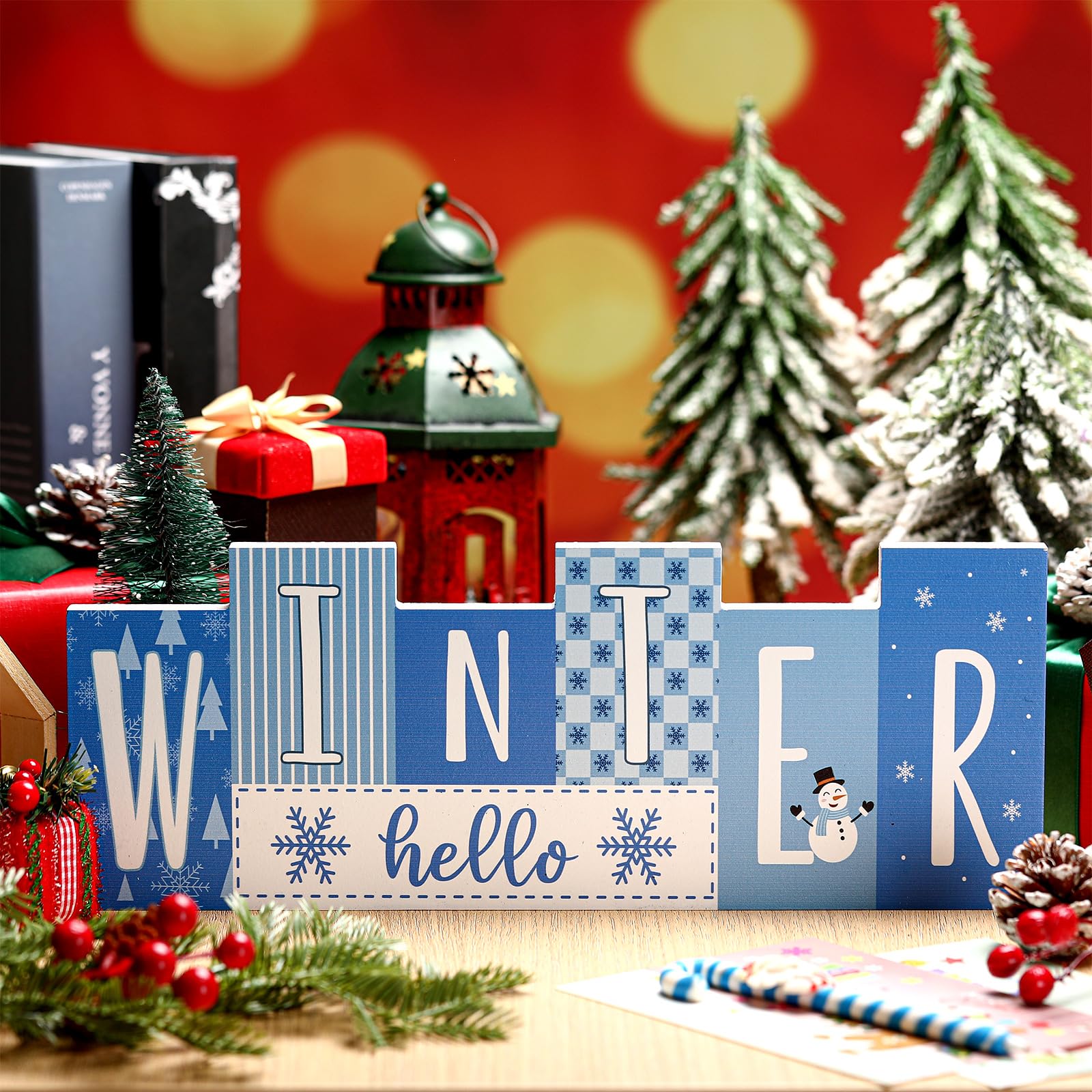 Purpeak Reversible Christmas Wooden Table Sign Double Side Table Centerpieces Xmas Tabletop Sign Merry Christmas Hello Winter Wo