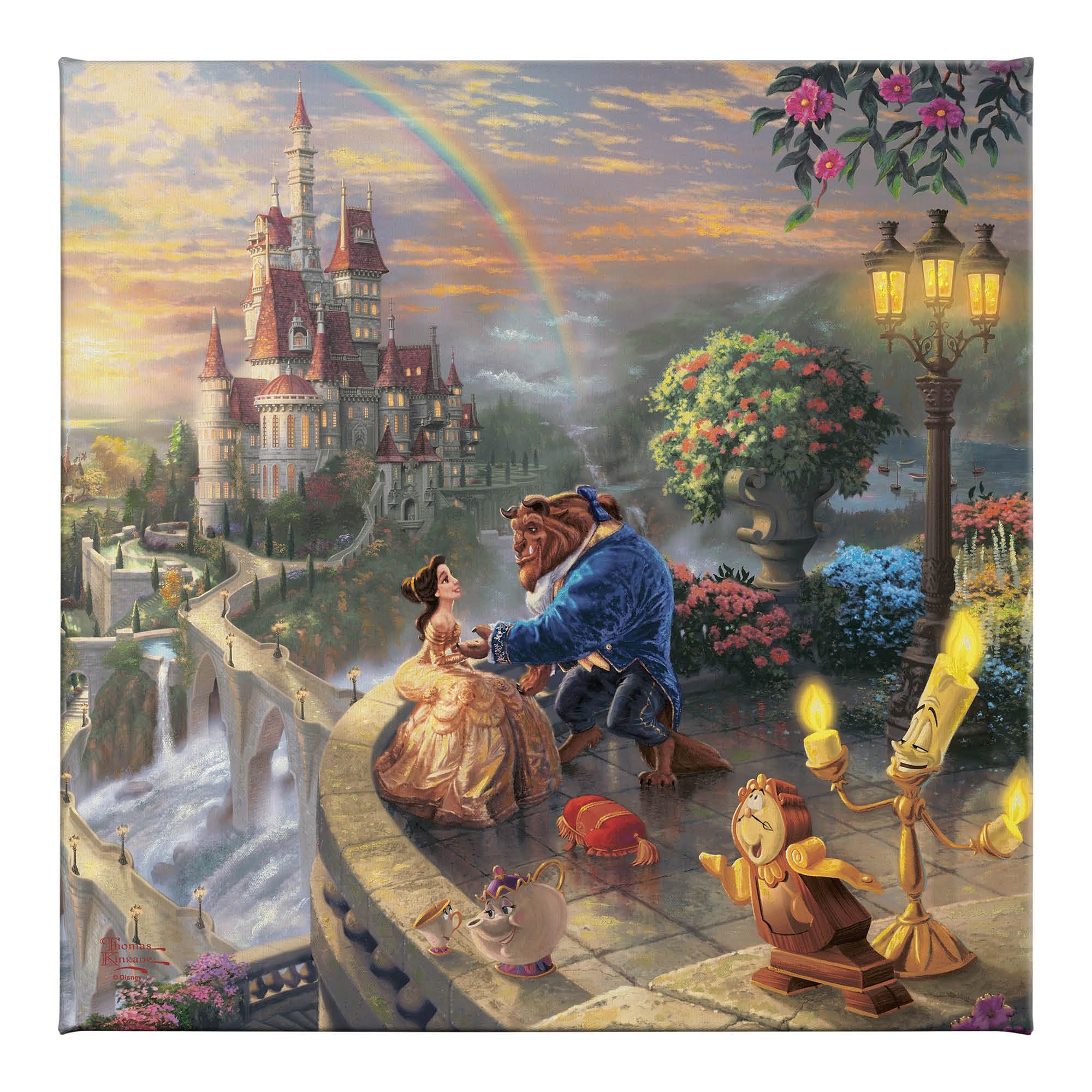 Thomas Kinkade Disney Beauty And The Beast Falling In Love Gallery Wrapped Canvas Art | Frameless Wall Art Decor | Certificate O