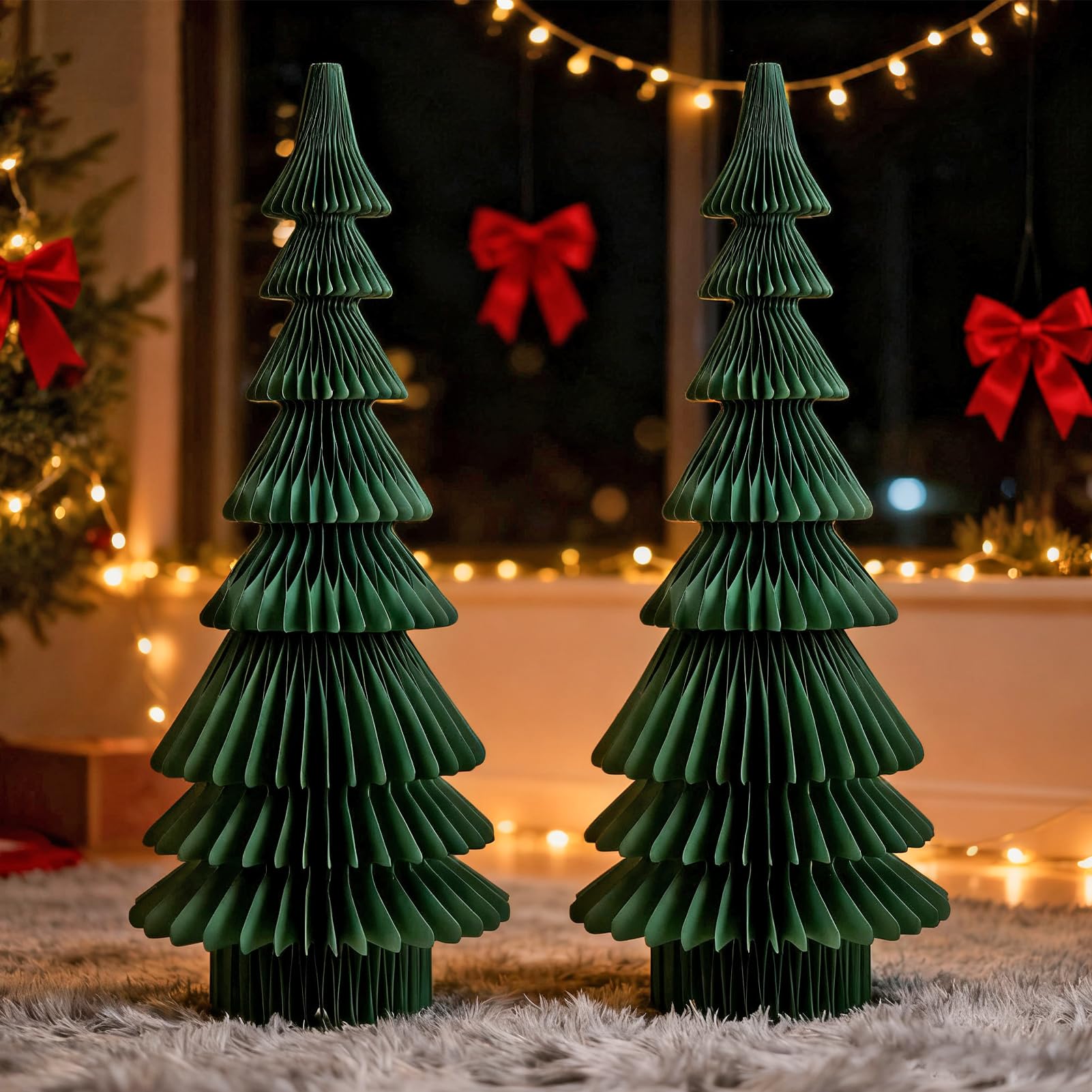OBBOLO 20 Inch Green Paper Christmas Tree, 2 Pcs Foldable Honeycomb Tabletop Christmas Decorations with Magnetic Closure, Reusab