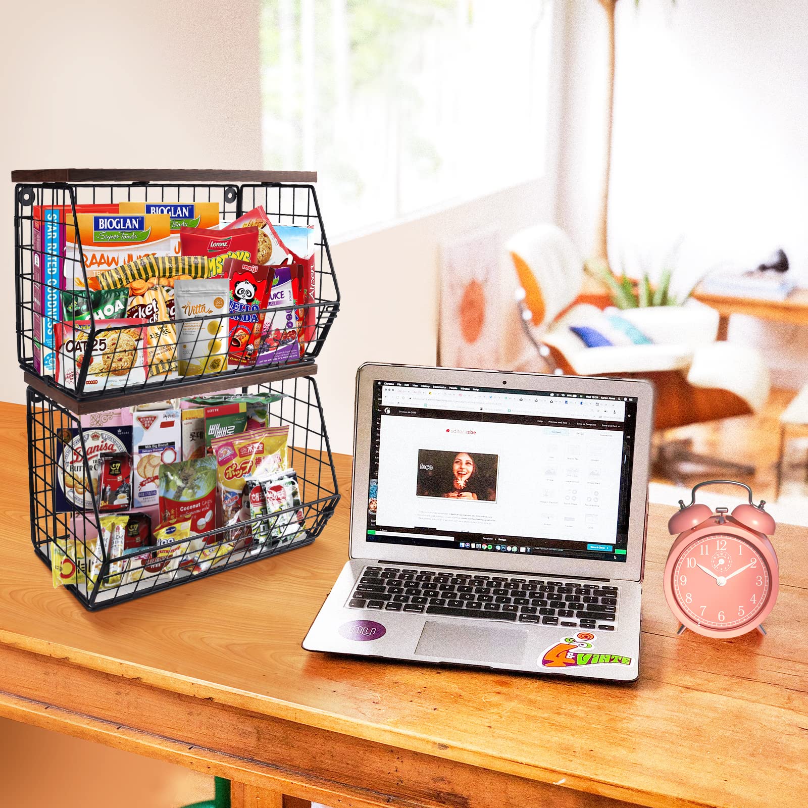 Mefirt Fruit Bowl, Stackable Wall Mounted Fruit Basket Of Smooth Wood Lid With 4 Banana Hanger Hooks, Metal Kitchen Counter Orga