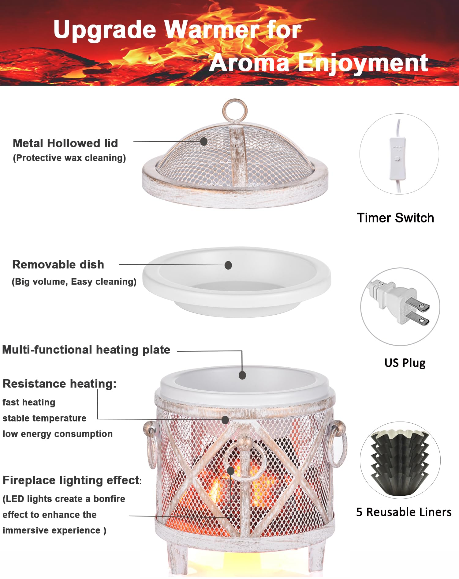Dicimi Rustic Electric Wax Warmer, Fireplace Style Candle Warmer with Timer, 4-in-1 Wax Melt Warmer for Scented Wax/Oils/Wax Mel