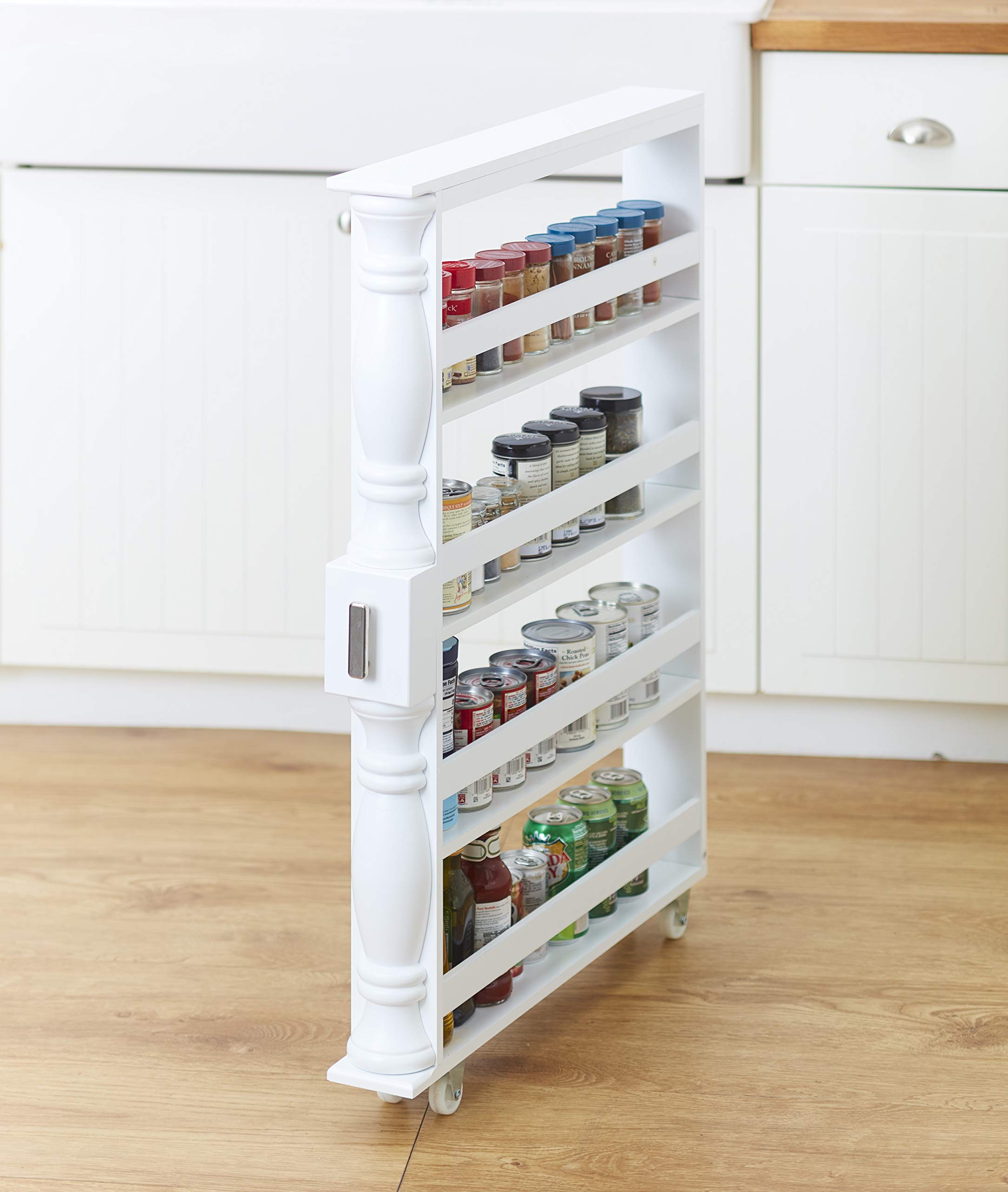 The Lakeside Collection Slim 4 Tier White Wooden Storage Rack Cart On Wheels For Small Spaces, Kitchen, Bathroom Laundry Room Or