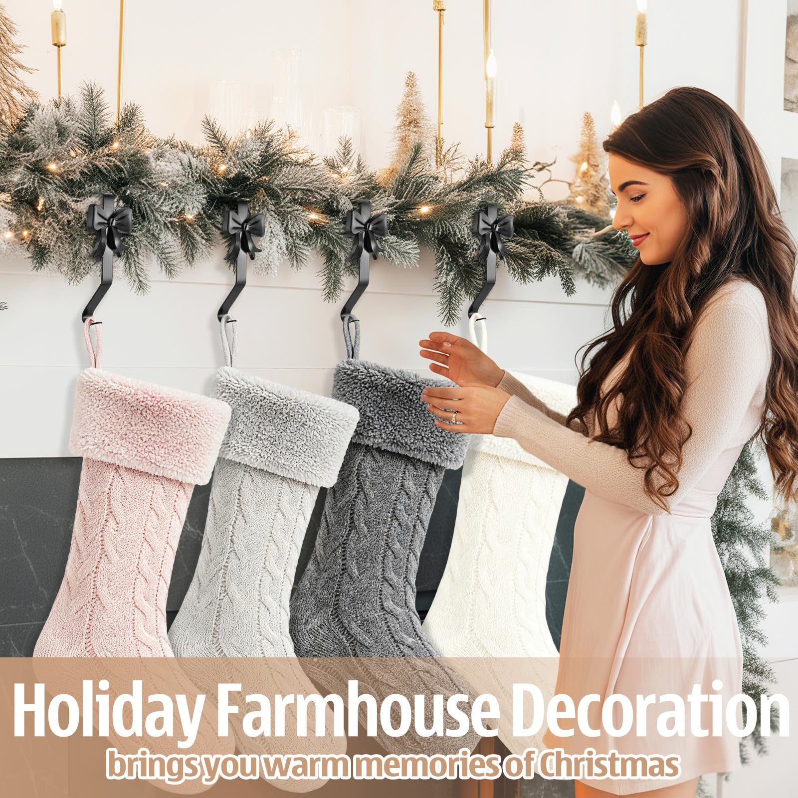 Shimeyao 8 Pcs Black Bow Christmas Stocking Holder Heavy Duty Cast Iron Stocking Hooks Non-Slip Fireplace Hangers Xmas Bow Decor