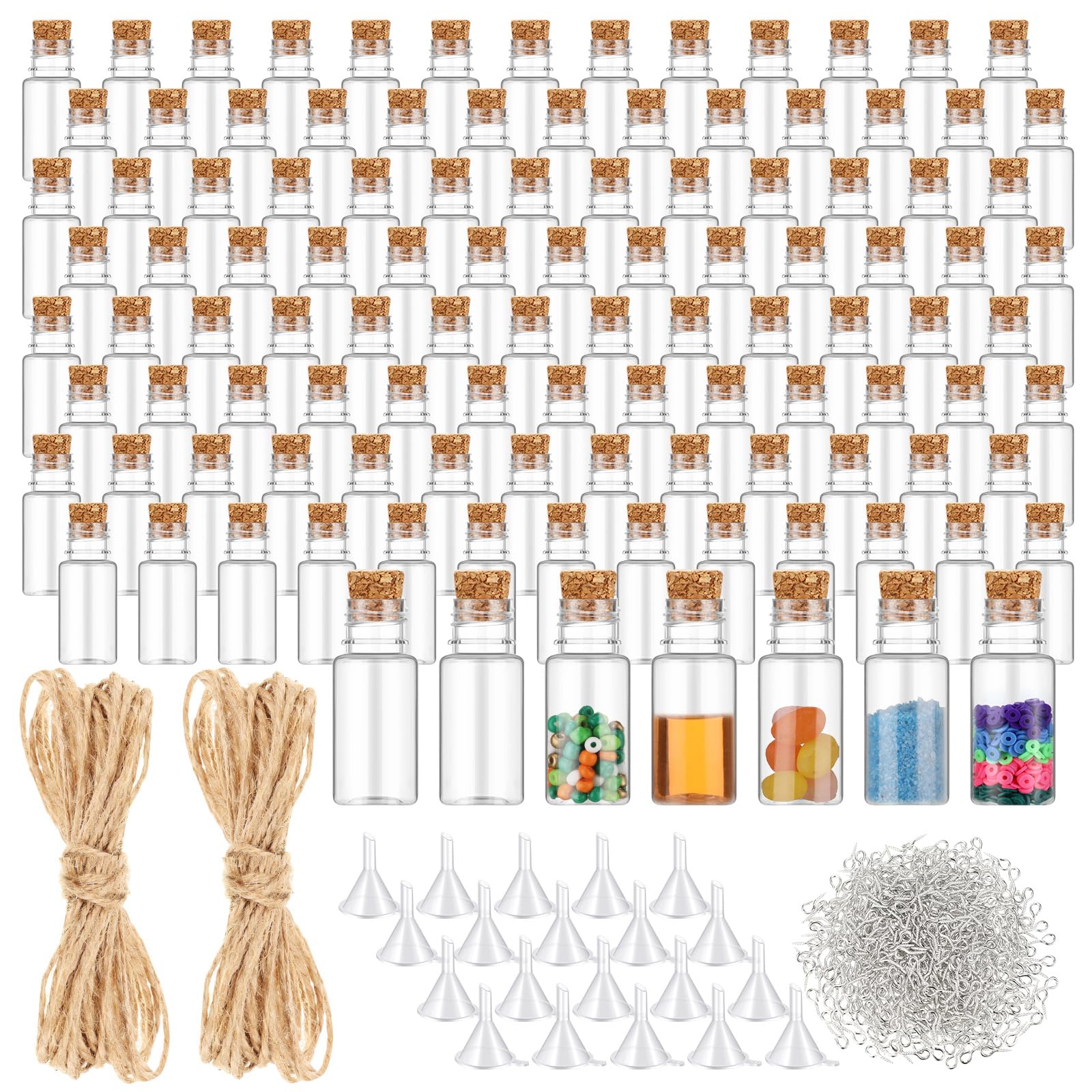 Bokon 100 Packs Mini Plastic Bottles with Corks Stoppers Eye Screws Funnels Small Potion Bottles Tiny Clear Sand Art Jar Wishing