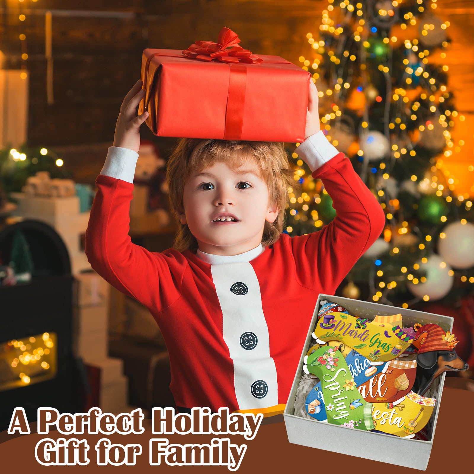 Anglechic 42 Pcs Interchangeable Christmas Dachshund Decor Holiday Seasonal Sign Wiener Dog Thanksgiving Tier Tray Decoration Fa