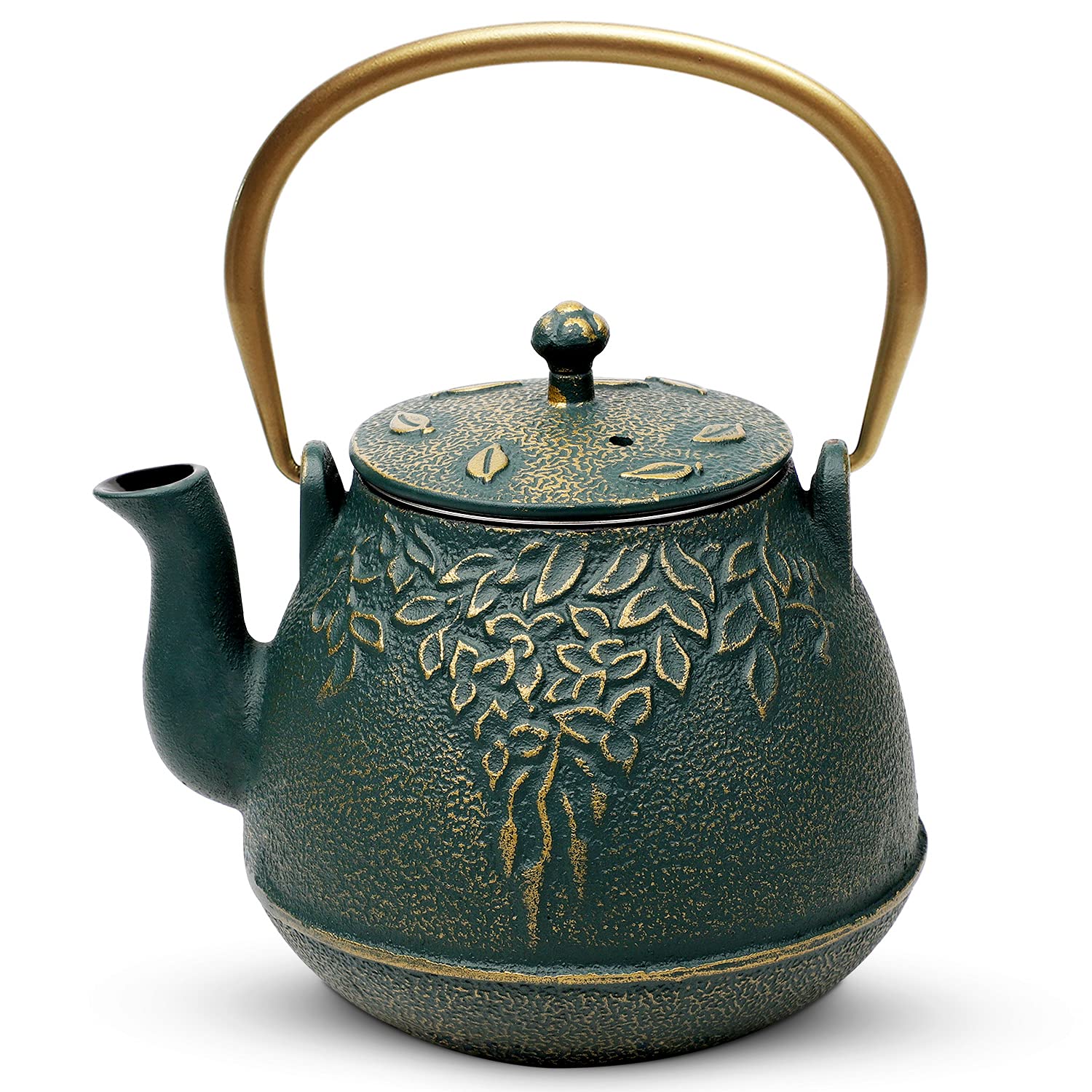 TOPTIER Japanese Cast Iron Tea Kettle with Infuser, Leaf Design Teapot Stovetop Safe Coated with Enameled Interior for 32 Ounce 