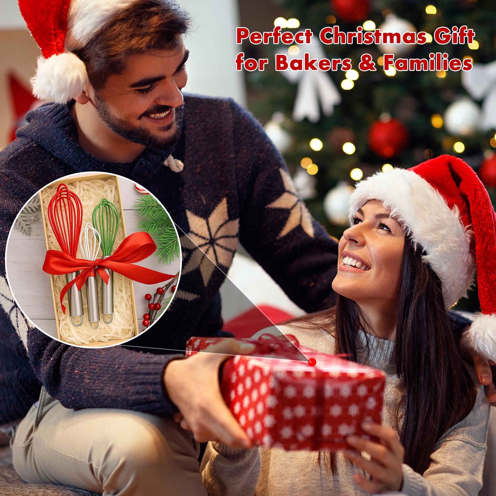 OYV Christmas Whisk Set - 3 Sizes (12   , 10   , 8   ) - Holiday Red, Green & White Stainless Steel Whisks for Baking, Cooking &