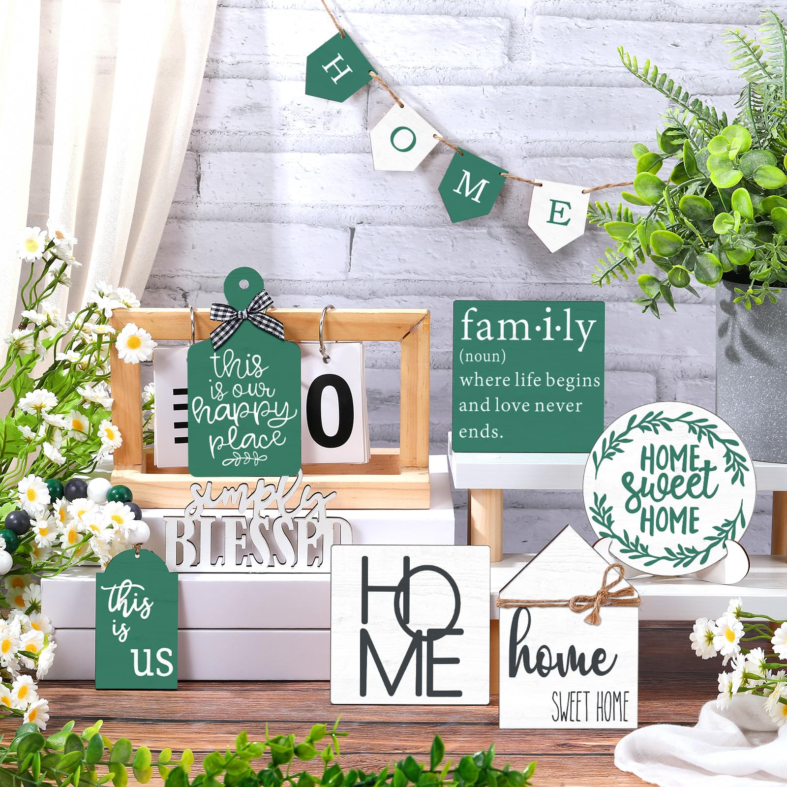 FairySandy Set of 11 Spring Farmhouse Tiered Tray Decor Rustic Spring Home Tiered Decorations Set Home Wooden Signs Green Farmho