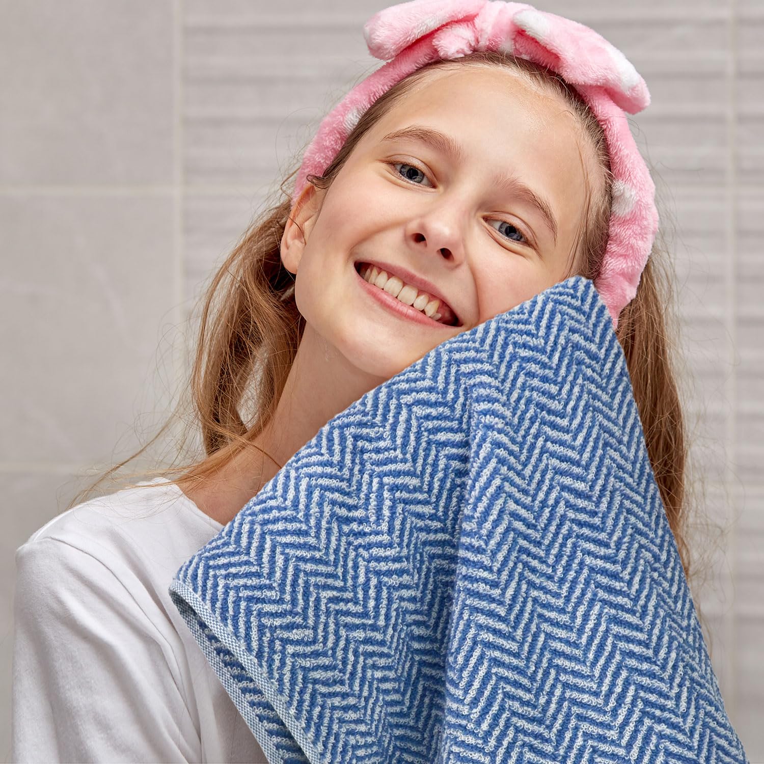 Cleanbear Hand Towels For Bathroom With Decorative Herringbone Stripes, 100% Cotton, 13 X 28 Inches, Light Blue, 2 Pack