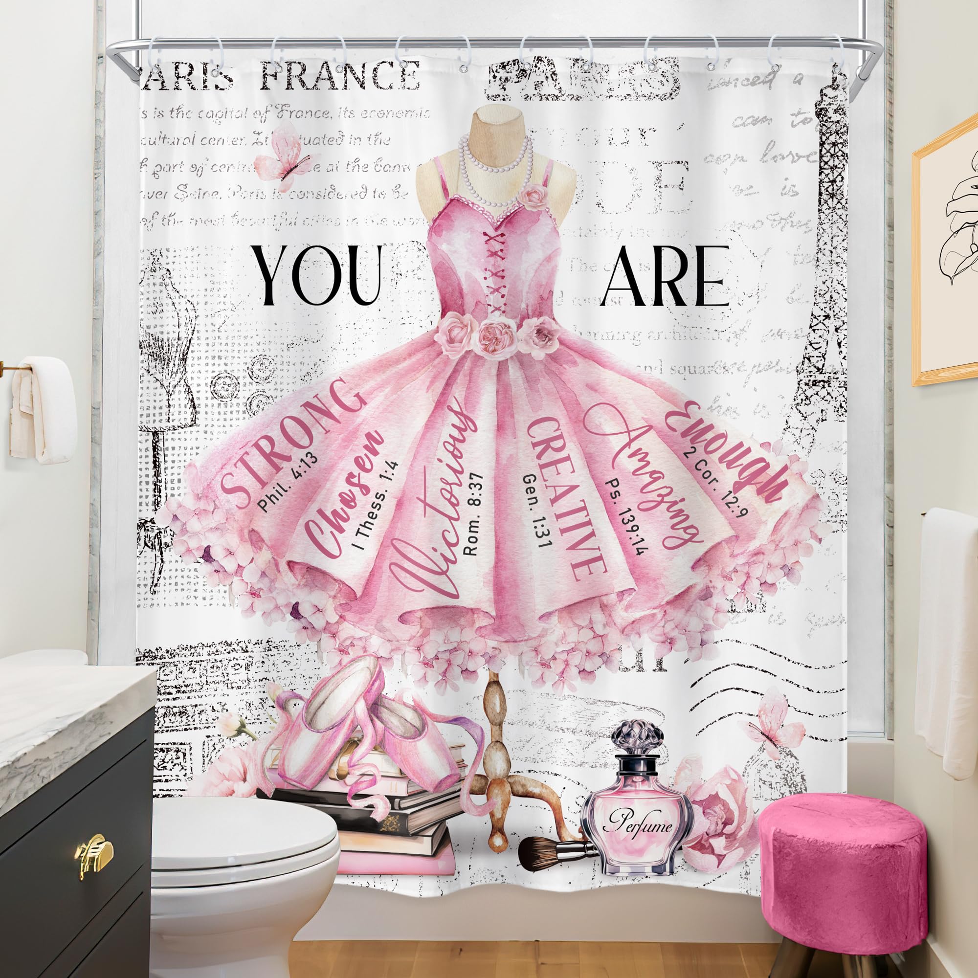 Riyidecor Ballet Dress Pink Shower Curtain 60Wx72H Inch Fashion Girly Paris Modern Girl Ballerina Motivational Quotes Flower Per