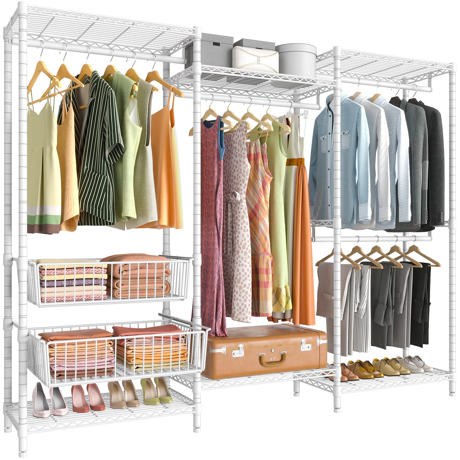 Vipek V10 Wire Garment Rack 5-Tiers Heavy Duty Clothes Rack Large Size Clothing Rack With 4 Hanging Rods, 6 Wire Shelves And 2 S