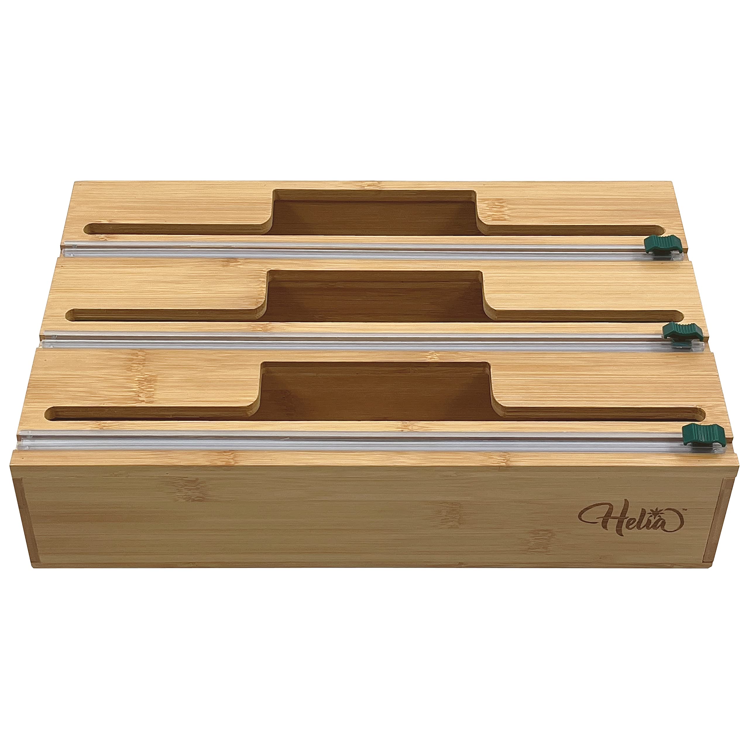 HELIA Bamboo Kitchen Wrap Organizer | Wall Mounting Solid Bamboo Foil and Plastic Wrap Dispenser with Sliding Cutters | Aluminum