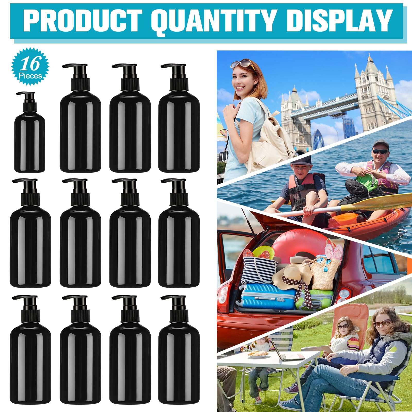 Croblissful 16 Pcs Empty Plastic Pump Bottles 8Oz Refillable Lotion Pump Bottle Containers With Black Dispenser For Shampoo, Con