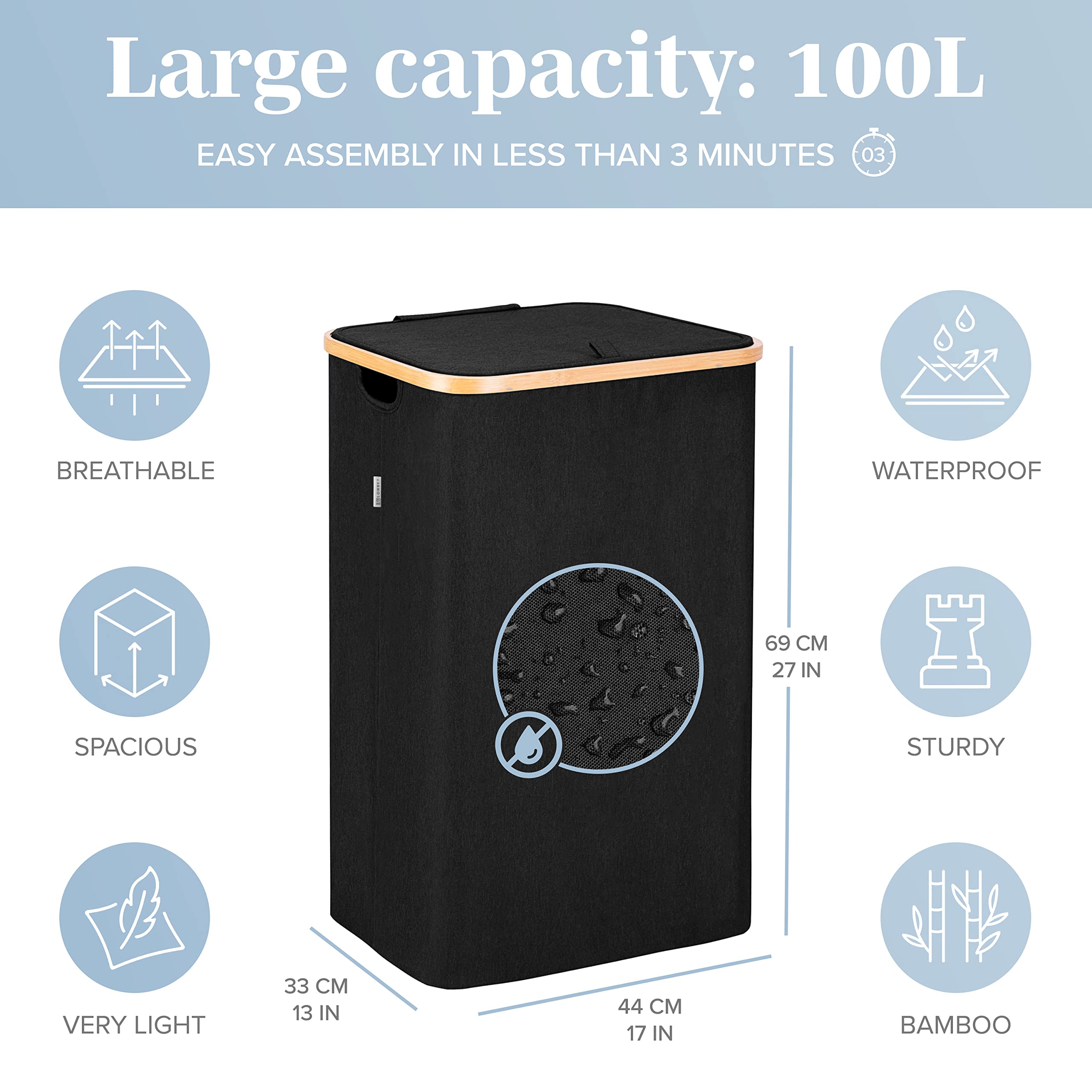 Lonbet - Black Laundry Hamper with Lid - XL 100 L - Large Hampers for Laundry with Handles - Black Laundry Baskets with Lid for Bedrooms - Bamboo Bathroom Tall Black Hamper