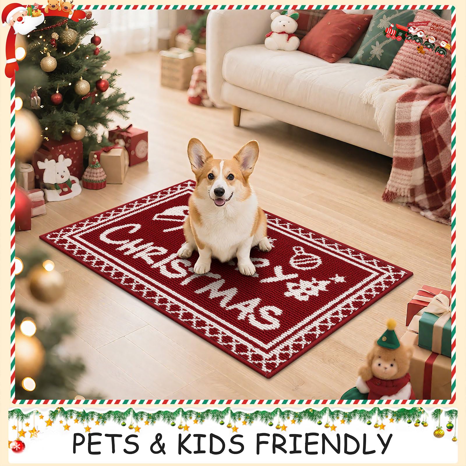 Ileading Christmas Kitchen Rugs Sets of 3 Piece Xmas Kitchen Floor Mat Non Skid Washable Runner Rug for Winter Holiday Decor Far