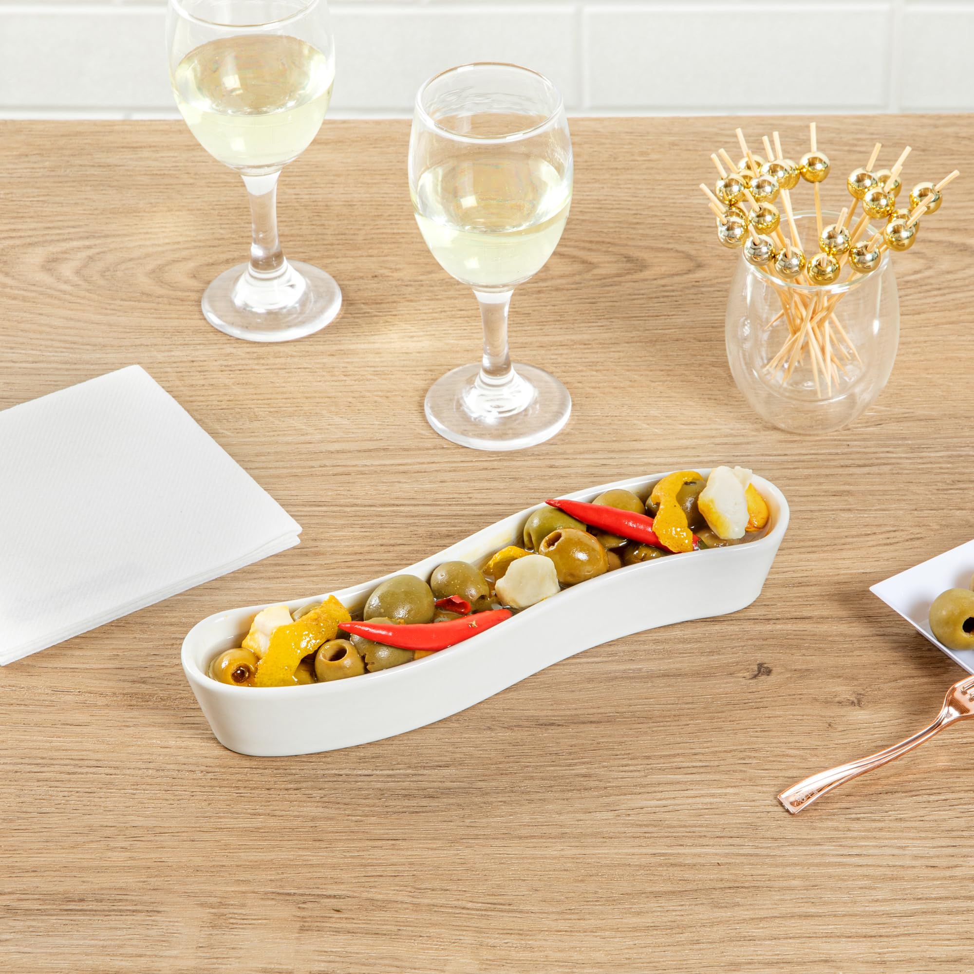 Swerve 6 Ounce Olive Plate, 1 Curved Olive Tray - Large, Chip Resistant, White Porcelain Olive Canoe, Dishwasher Safe, For Snack