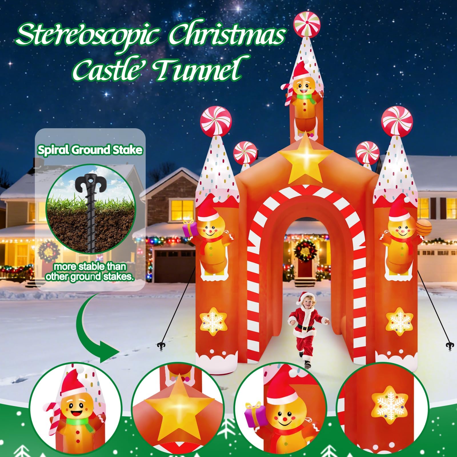 Kalolary 13FT Christmas Inflatable Archway with LED Light, Large Gingerbread Man Tunnel Inflatable Christmas Castle Yard Inflata