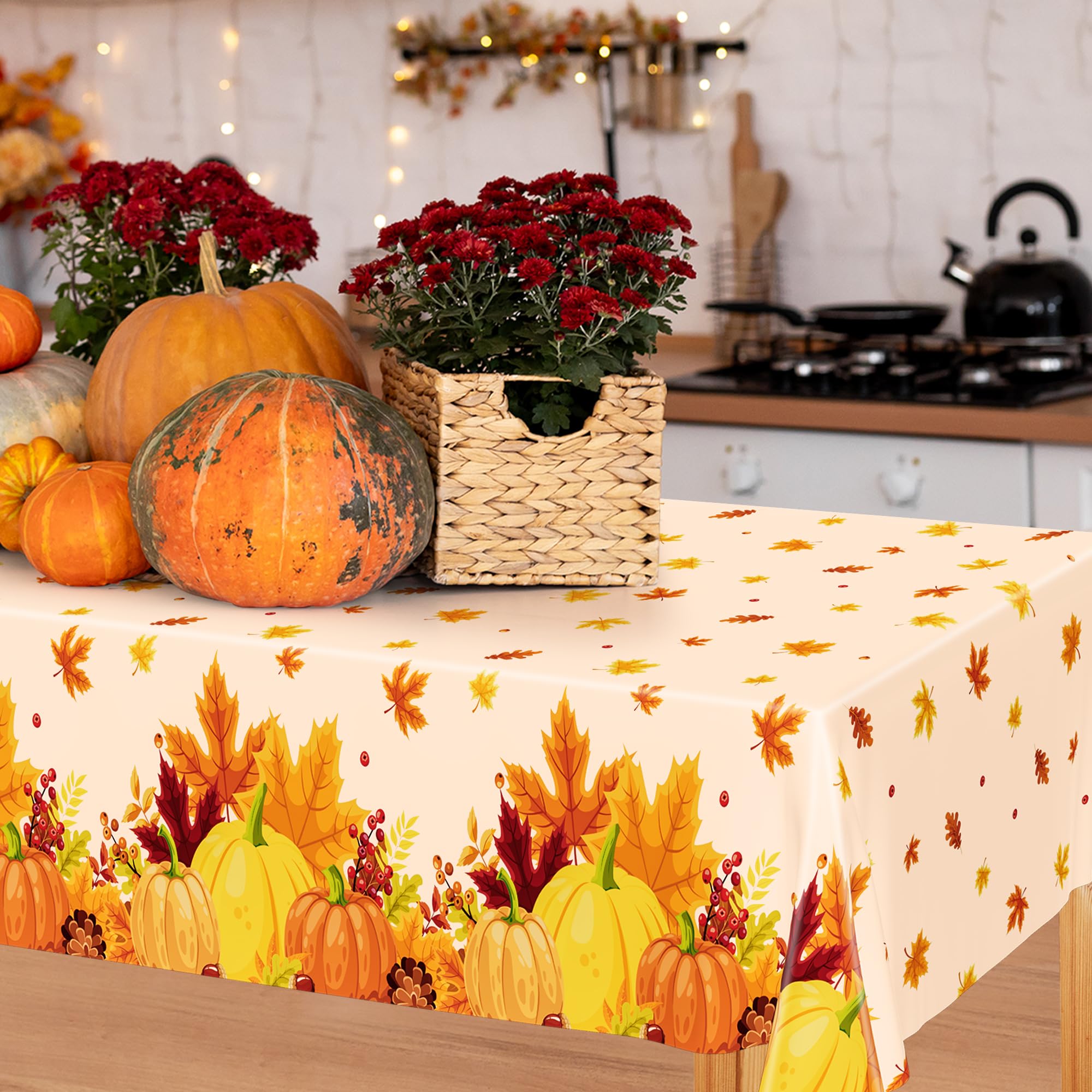 QZYL 2 Pack Thanksgiving Tablecloths, 54 x 108 Friendsgiving Plastic Tablecloth, Rectangle Disposable Tablecover Pumpkin Tablecl