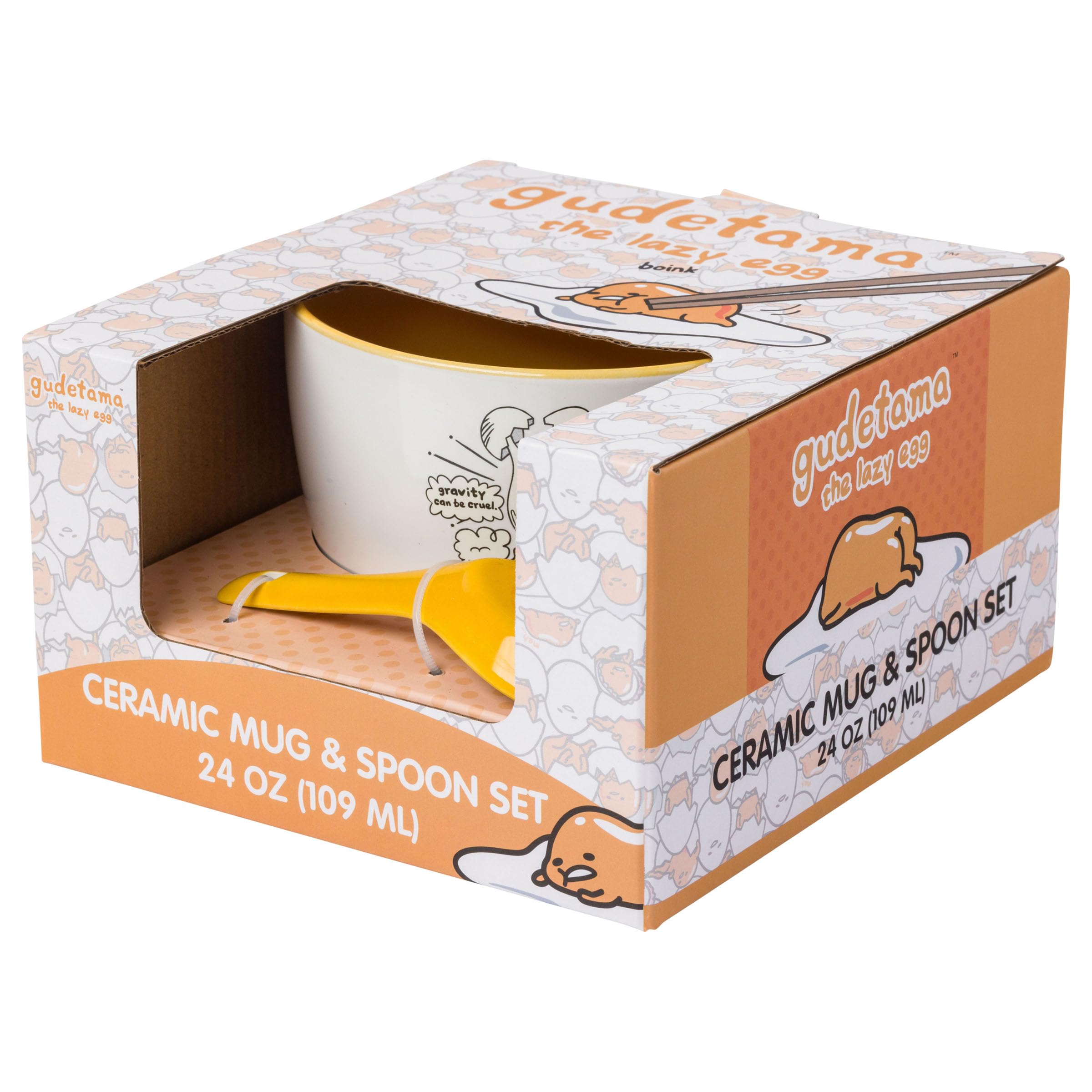 Silver Buffalo Sanrio Gudetama Lazy Egg Dangerous Situations Ceramic Soup Mug With Spoon, 24 Ounces