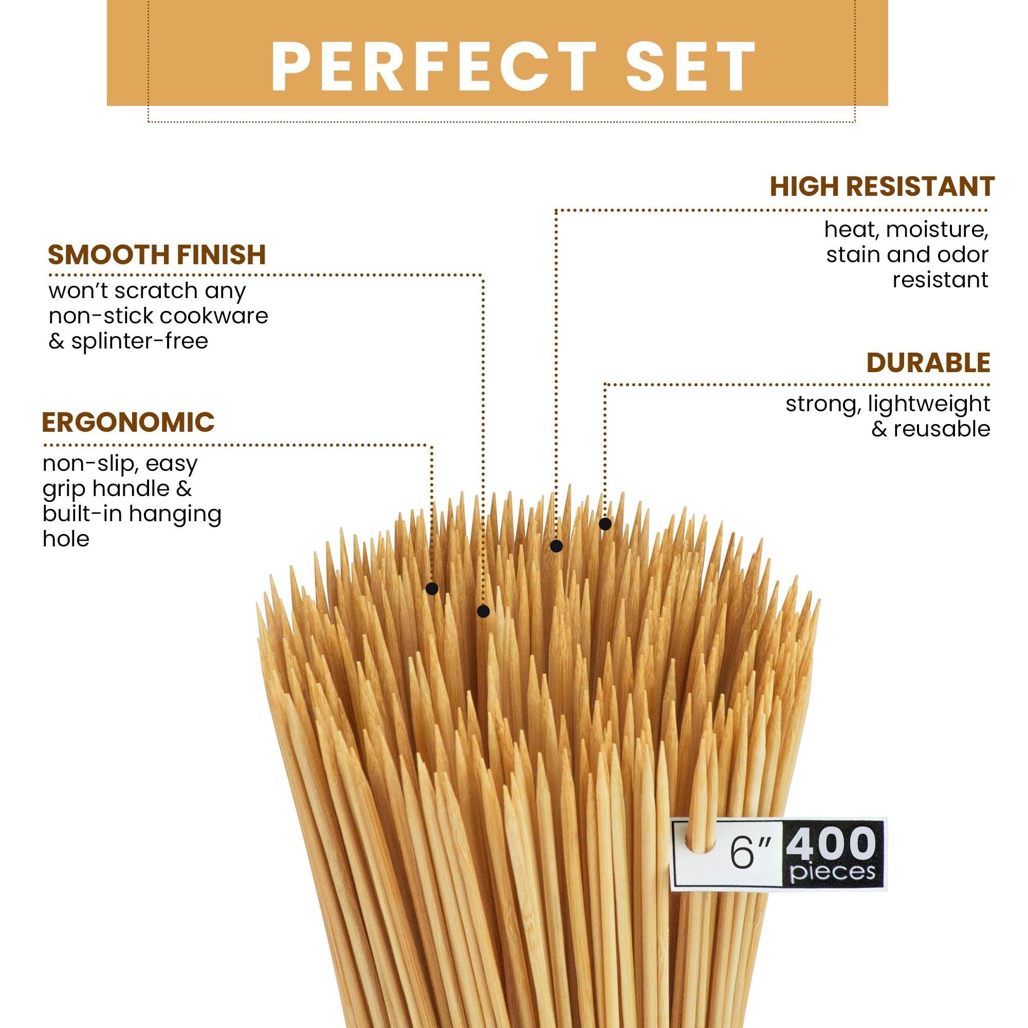 DecorRack Natural Bamboo Skewer Sticks  400 Pack of 6 inch Organic Wooden Barbecue Kabob Skewers  Best for Grill  BBQ  Kebab  Marshmallow Roasting or Fruit Sticks