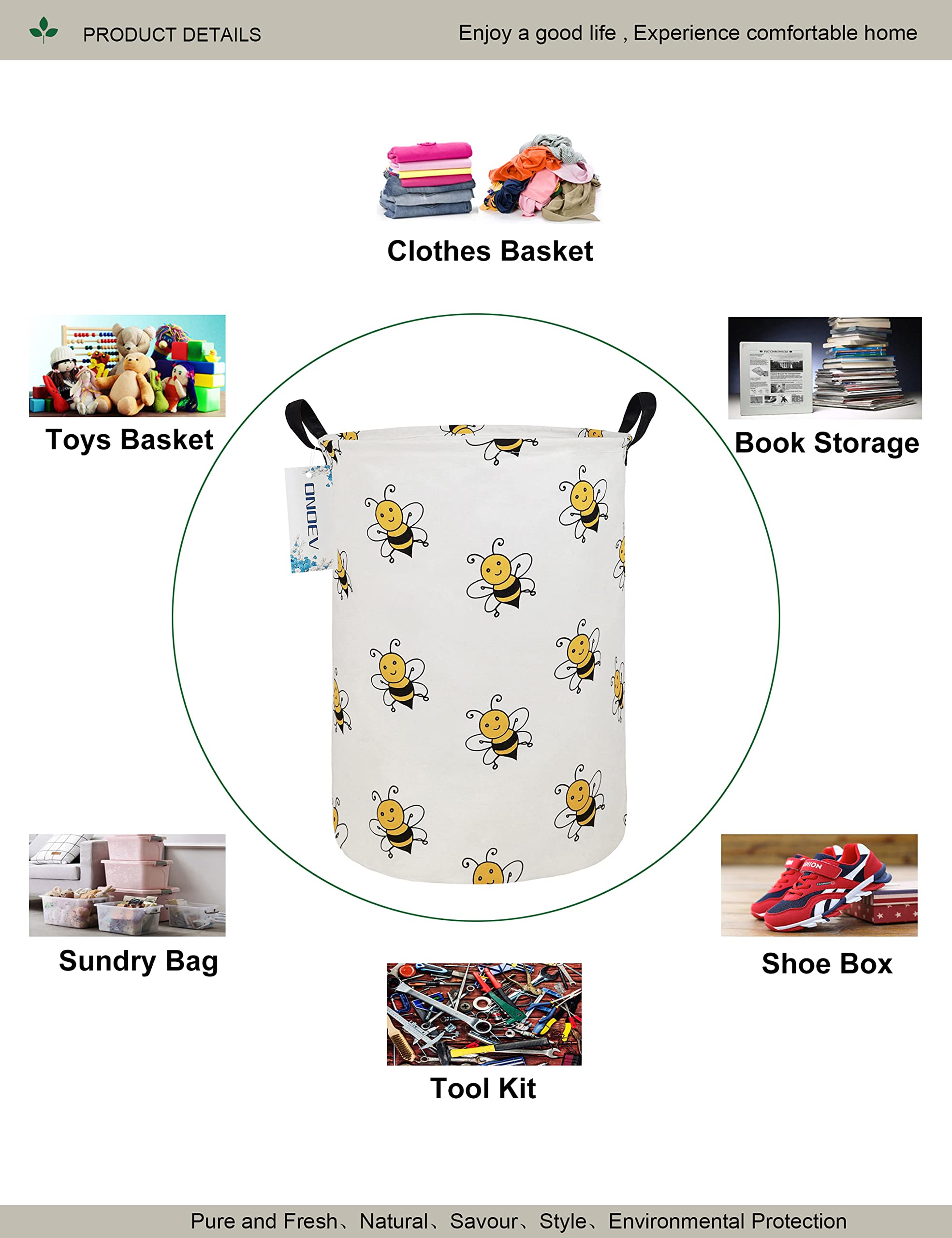 ONOEV Round Folding Laundry Hamper  Canvas Basket Nersury Hamper Suitable for Children Office Bedroom Clothes Toys Storage(Bee)