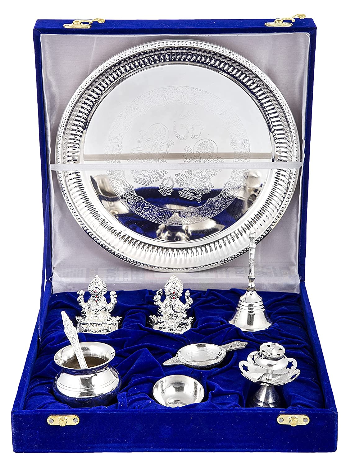 Giftcity Silver Plated Laxmi Ganesh Idol (Murti) With Pooja Thali Set Decorative Showpiece - 25 X 25 X 4 Cm (Polyresin, Brass, S