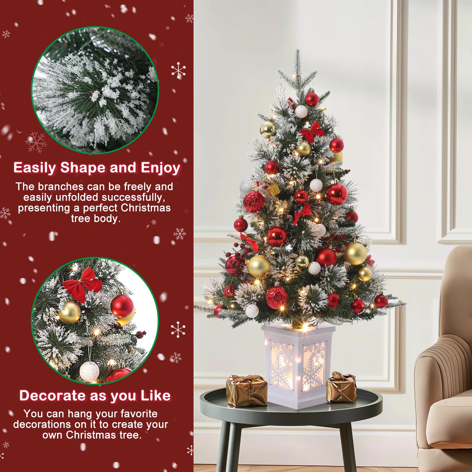 3 ft Pre Lit Fiber Optic Artificial Tree with 78 Pcs Warm White Led Lights, Tabletop Artificial Christmas Tree with Snowflake Ba