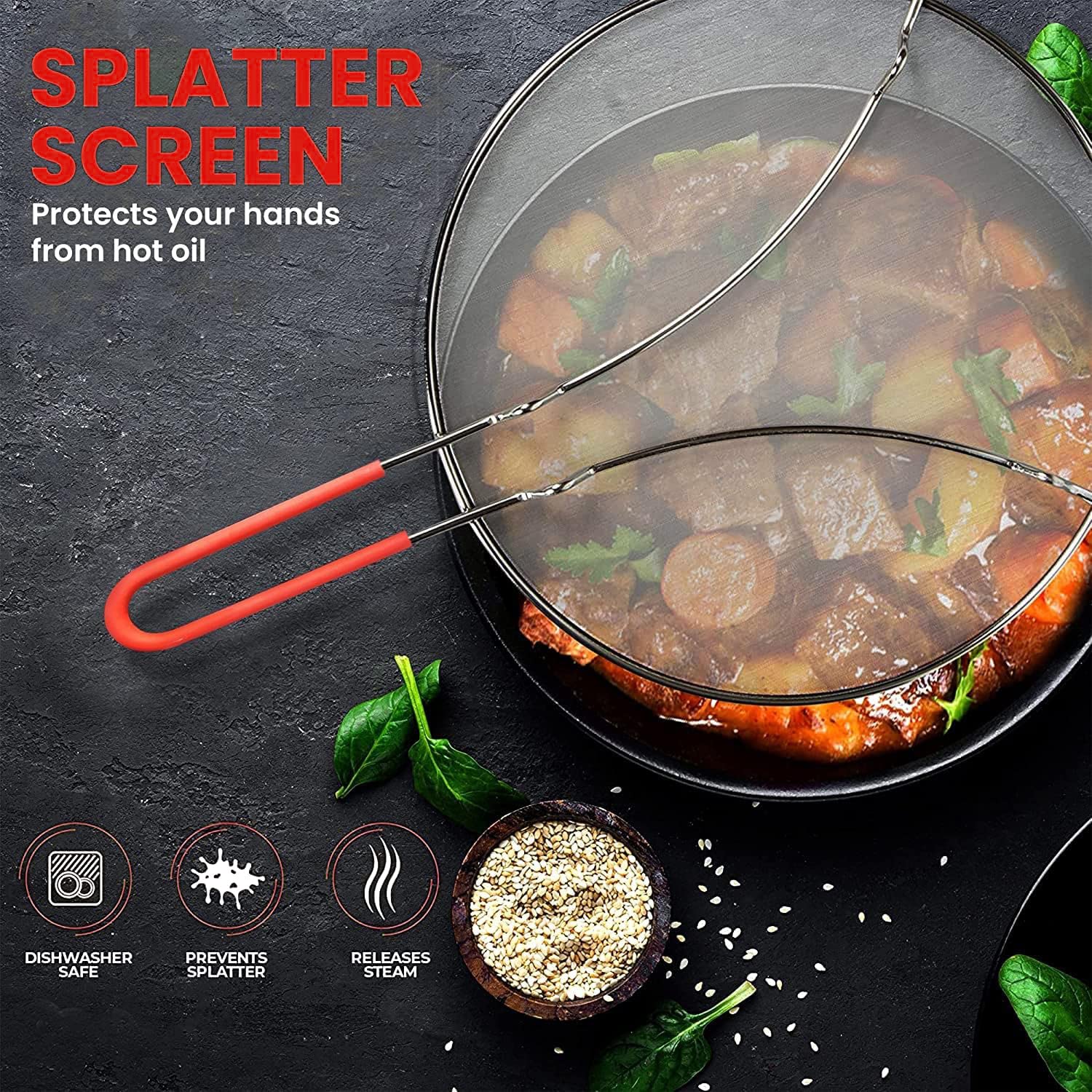 13'' Grease Splatter Screen For Cooking | Stainless Steel Oil Splatter Guard And Ultra-Fine Mesh Protects Skin From Burns | Sili