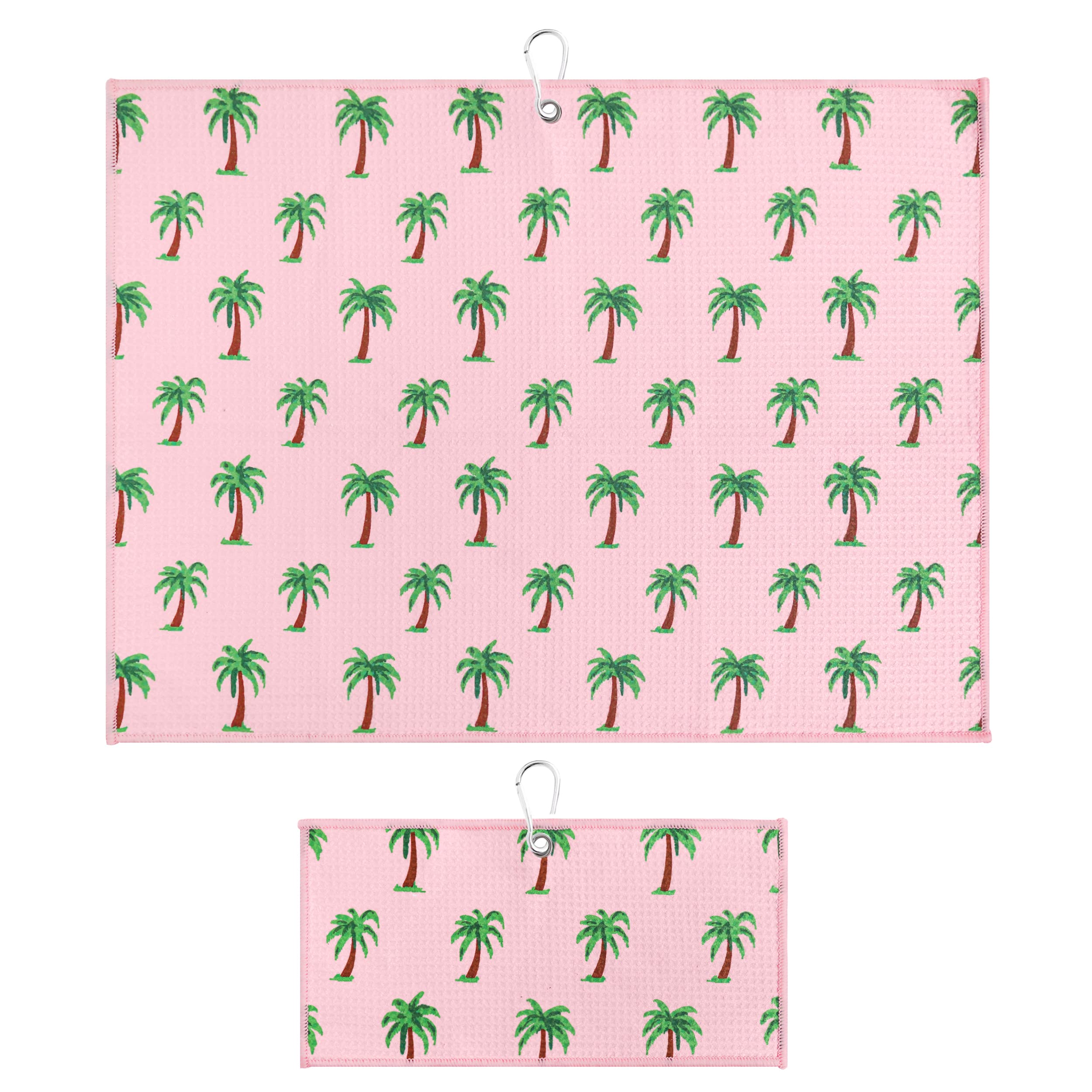 Playing It Forward Pink Palm Trees Golf Towel With Clip For Women And Men, Microfiber Waffle And Ball Towels, Set Of 2